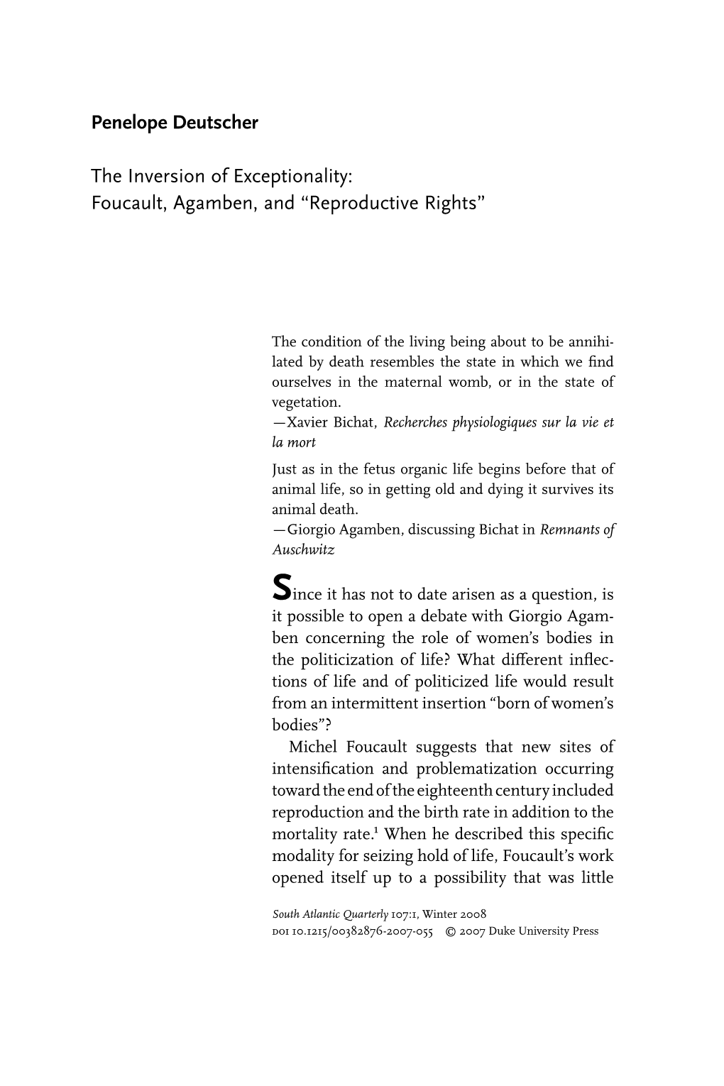 Penelope Deutscher the Inversion of Exceptionality: Foucault, Agamben, and “Reproductive Rights”