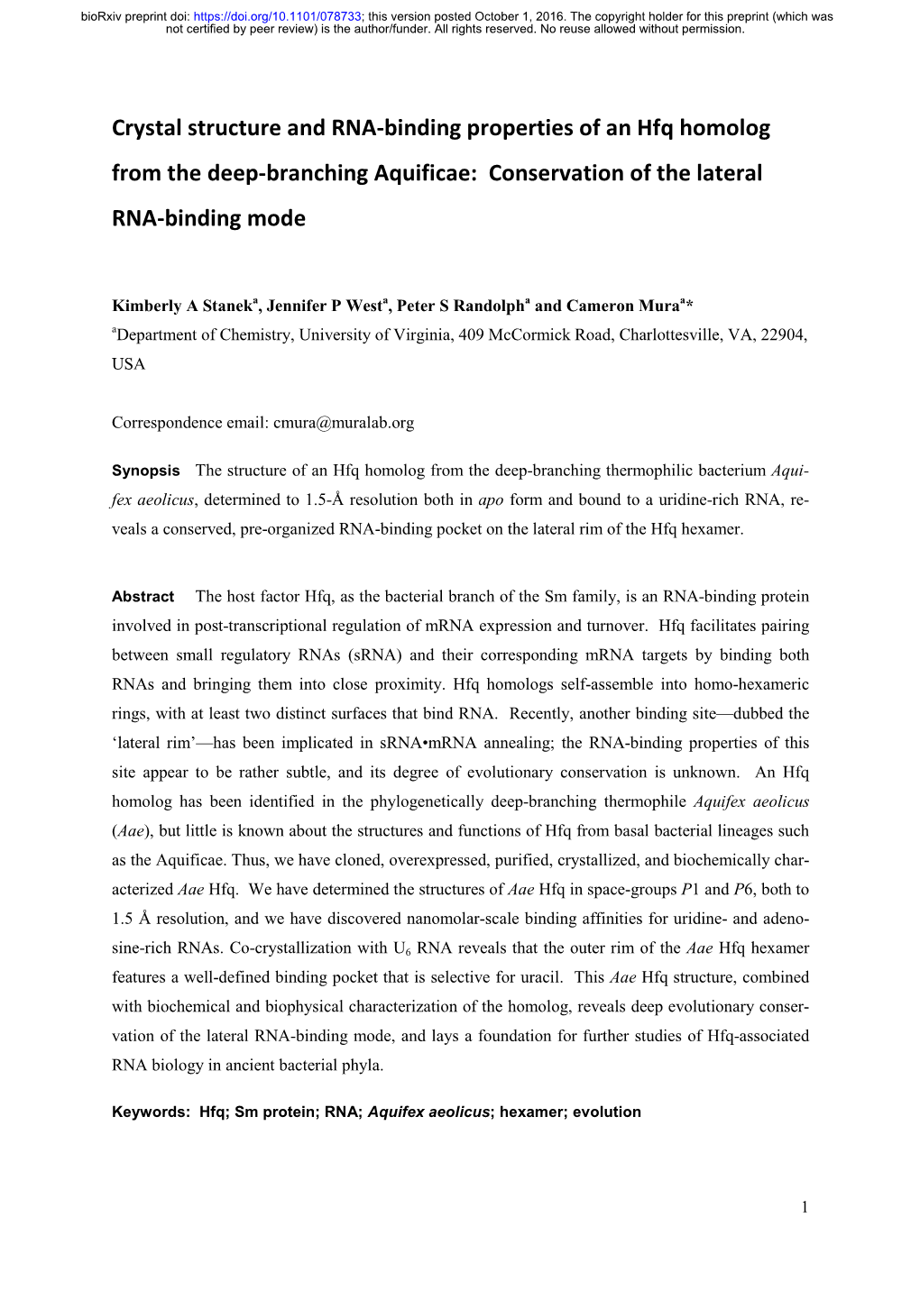 Crystal Structure and RNA-Binding Properties of an Hfq Homolog from the Deep-Branching Aquificae: Conservation of the Lateral RNA-Binding Mode