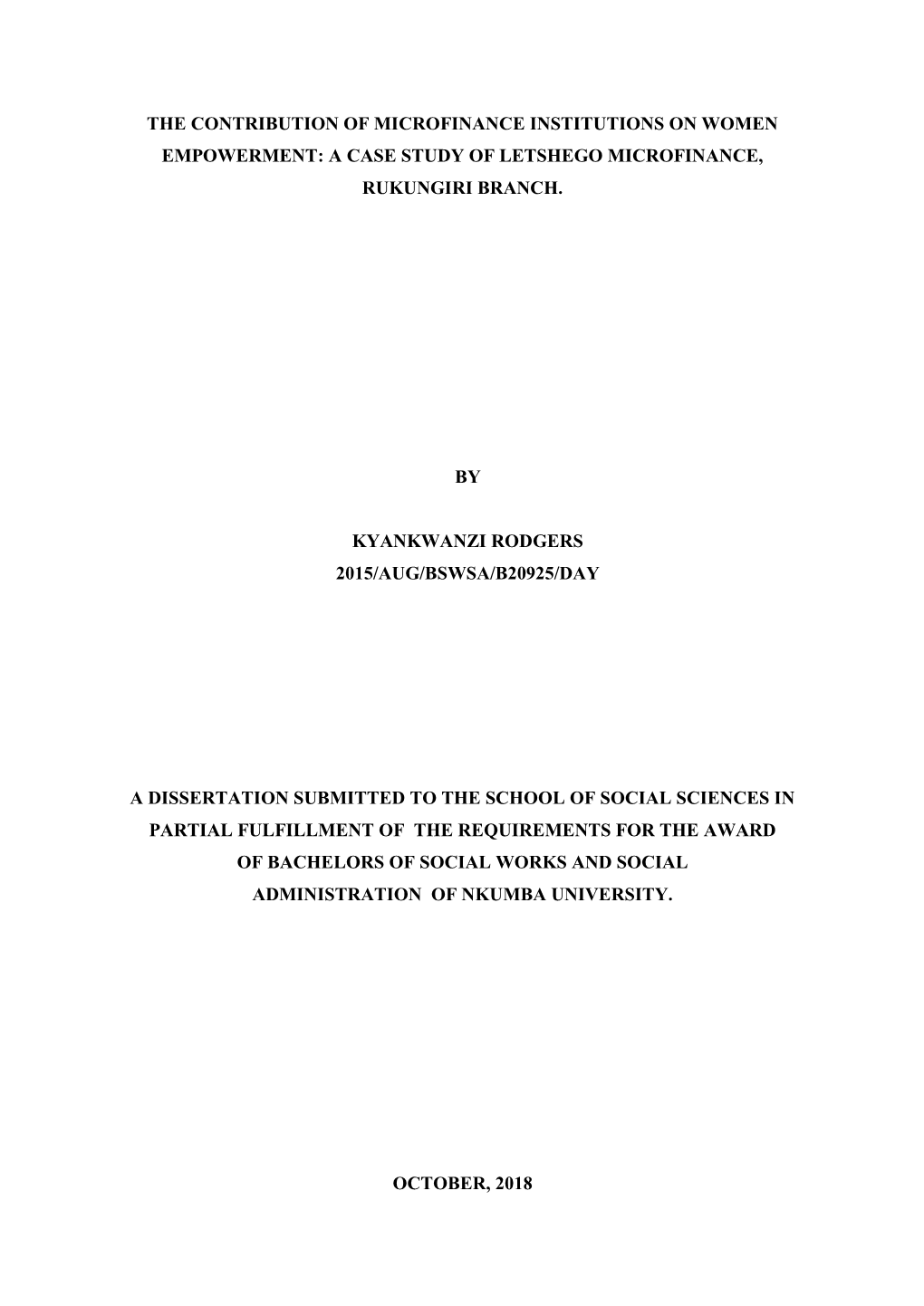 The Contribution of Microfinance Institutions on Women Empowerment: a Case Study of Letshego Microfinance, Rukungiri Branch. By