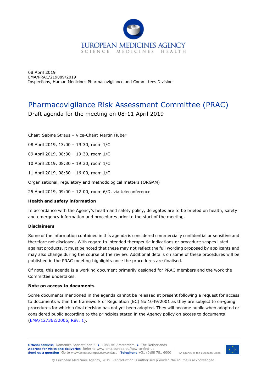 PRAC Draft Agenda of Meeting 8-11 April 2019