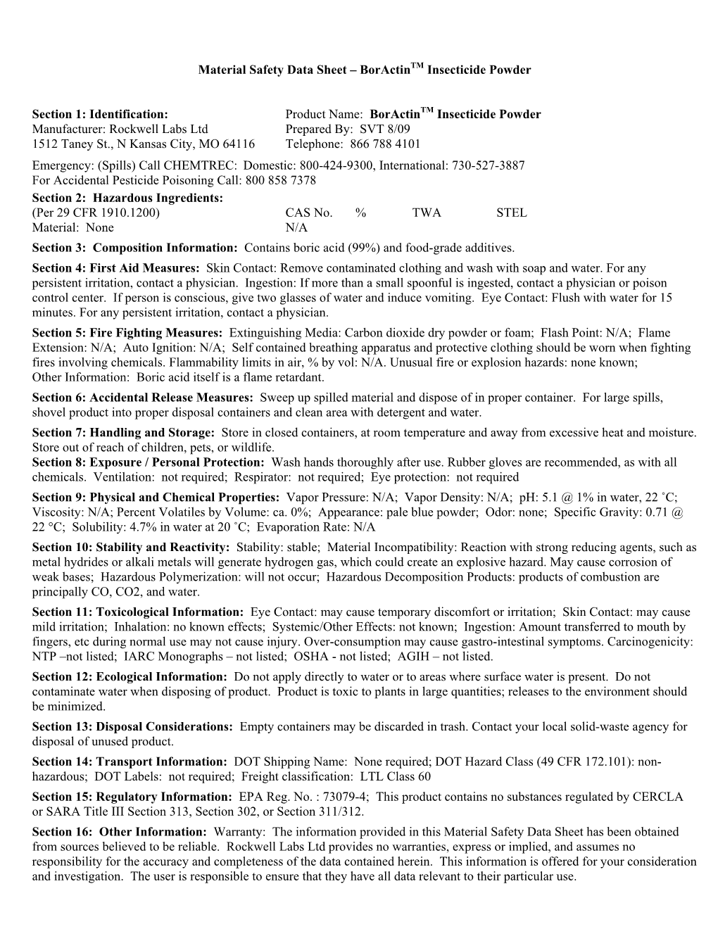 Material Safety Data Sheet – Boractintm Insecticide Powder