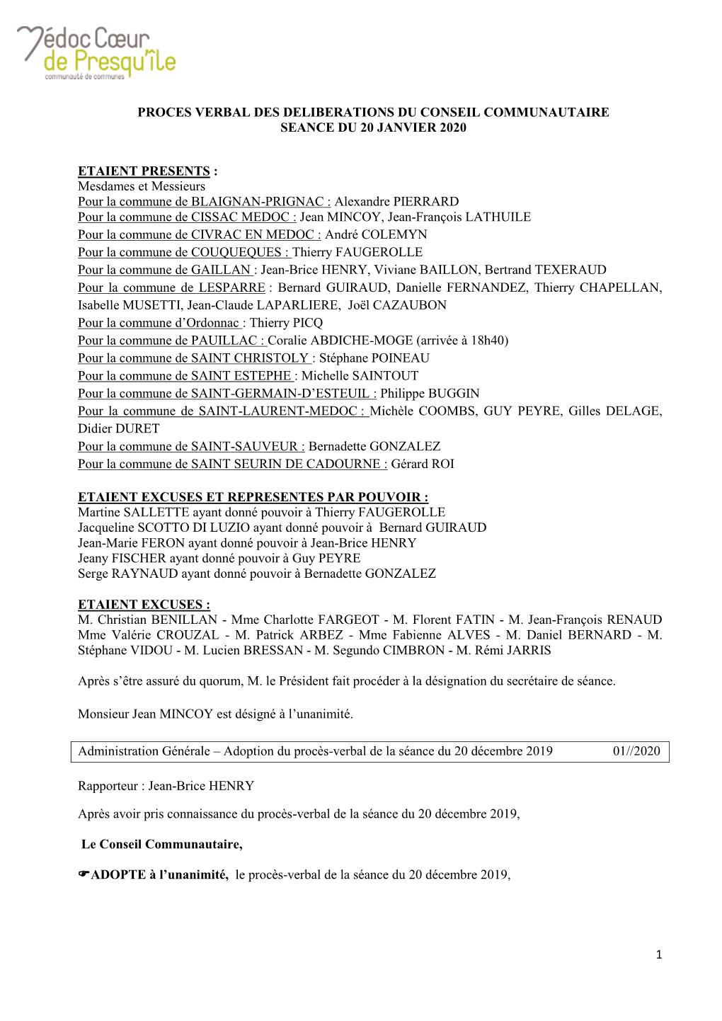 1 Proces Verbal Des Deliberations Du Conseil