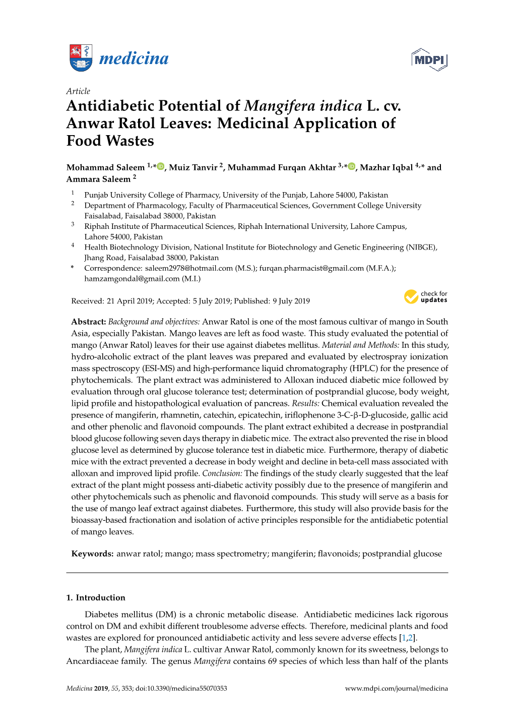 Antidiabetic Potential of Mangifera Indica L. Cv. Anwar Ratol Leaves: Medicinal Application of Food Wastes
