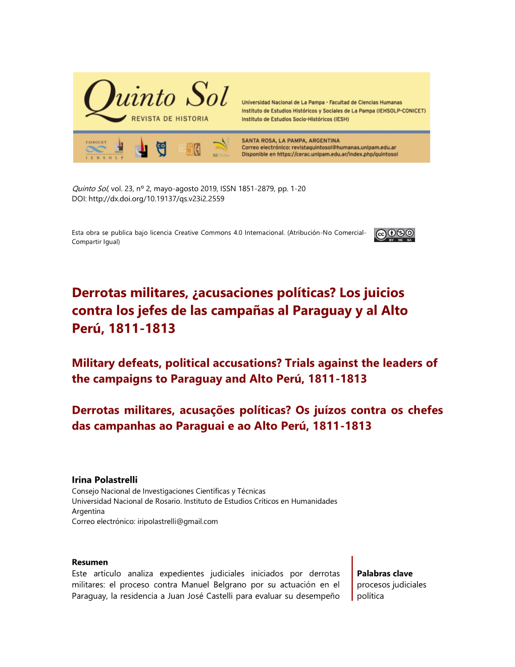 Derrotas Militares, ¿Acusaciones Políticas? Los Juicios Contra Los Jefes De Las Campañas Al Paraguay Y Al Alto Perú, 1811-1813