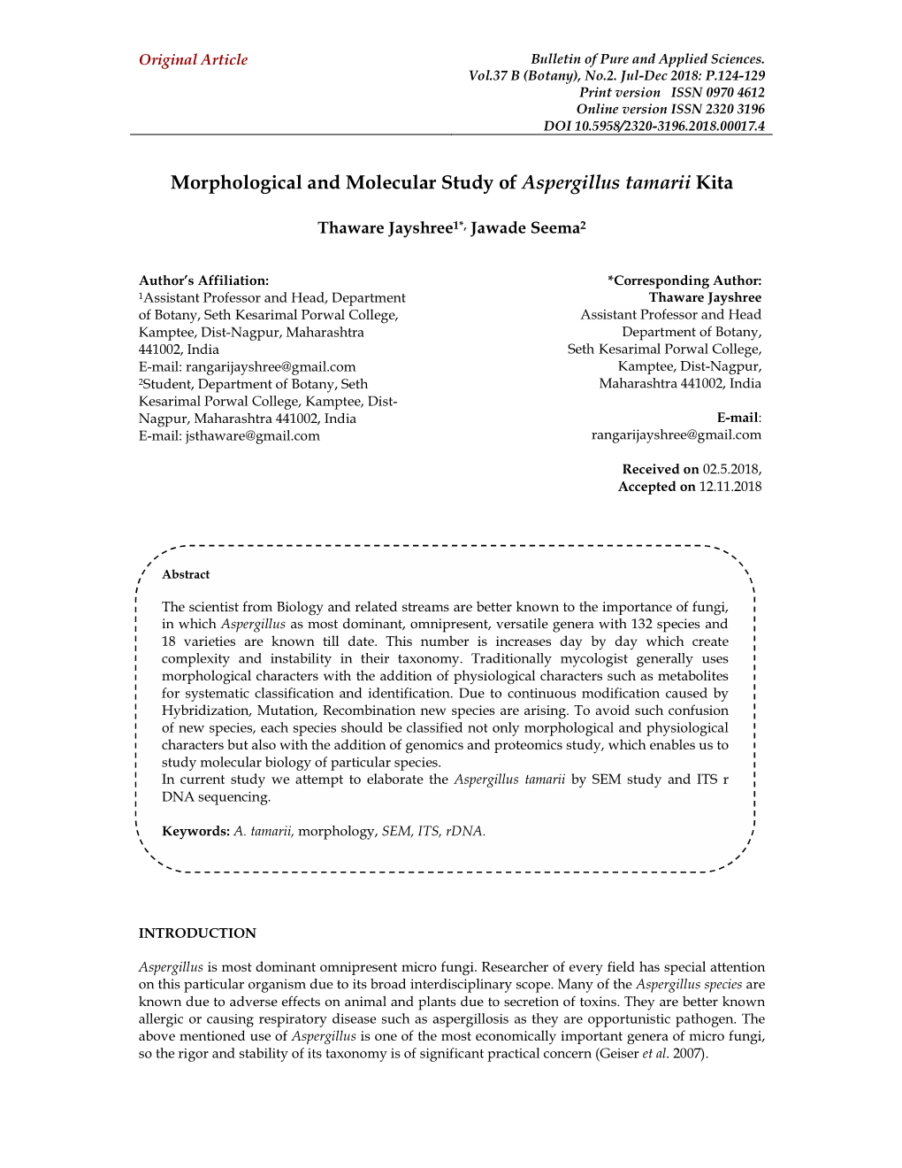 Morphological and Molecular Study of Aspergillus Tamarii Kita