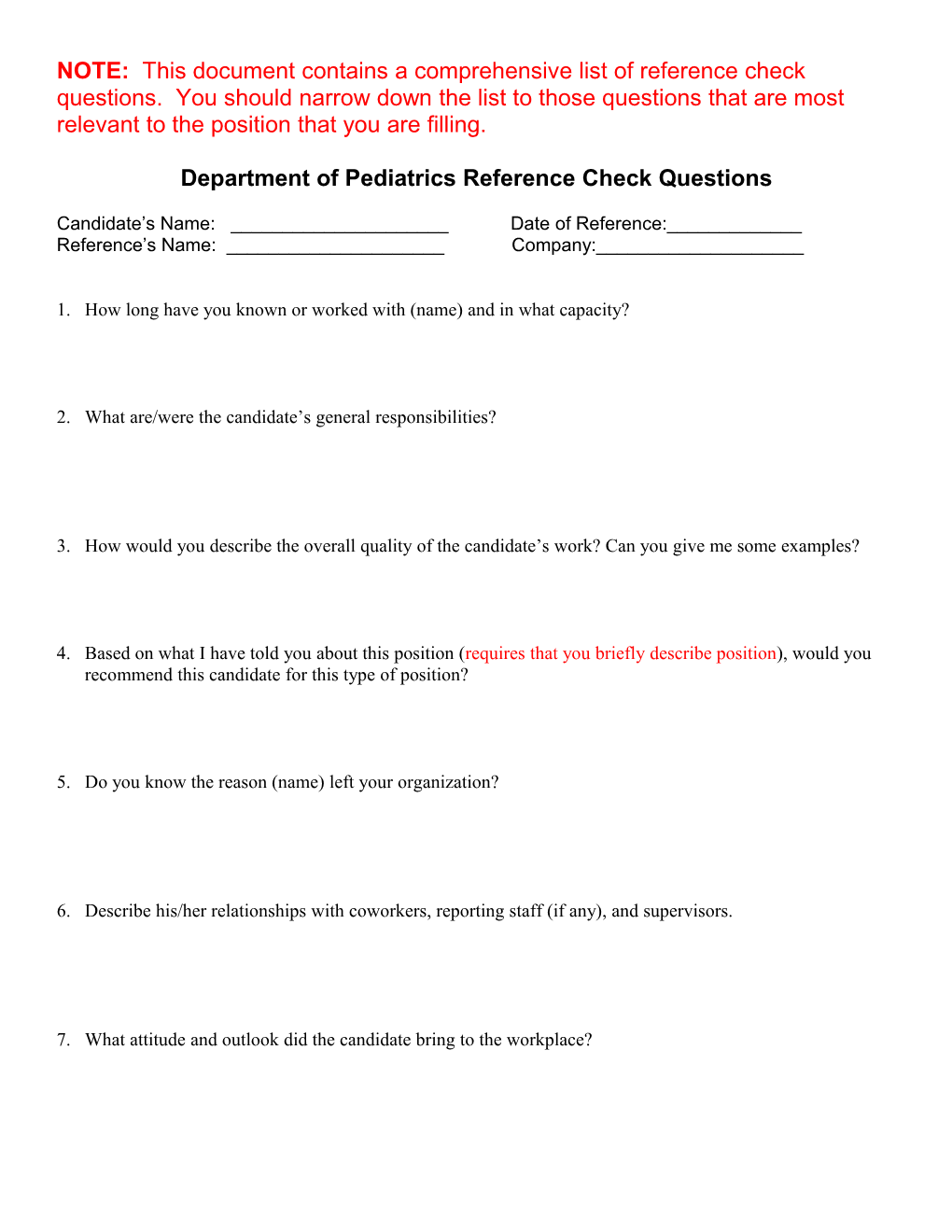 Department of Pediatrics Reference Check Questions