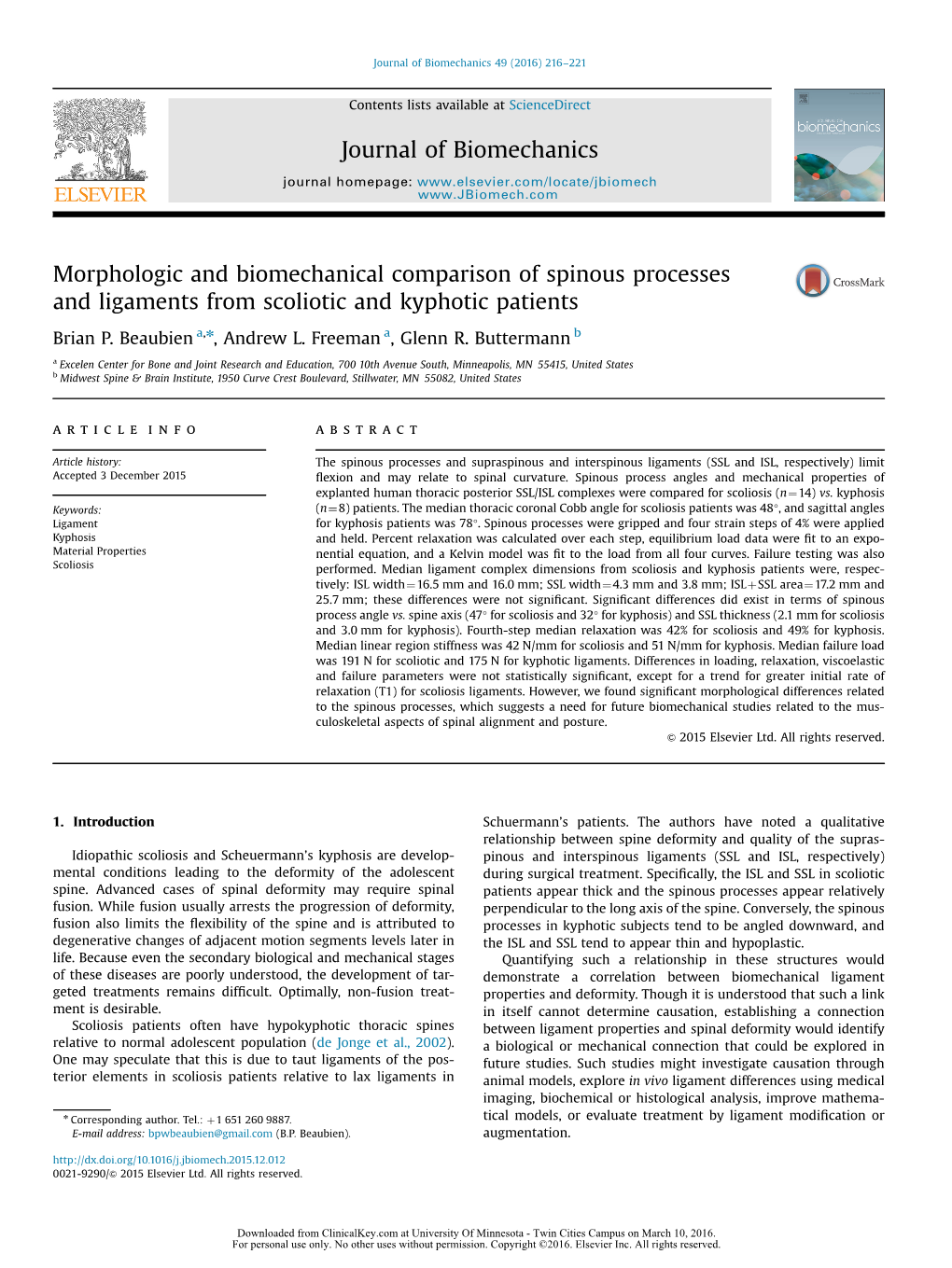 Journal of Biomechanics 49 (2016) 216–221