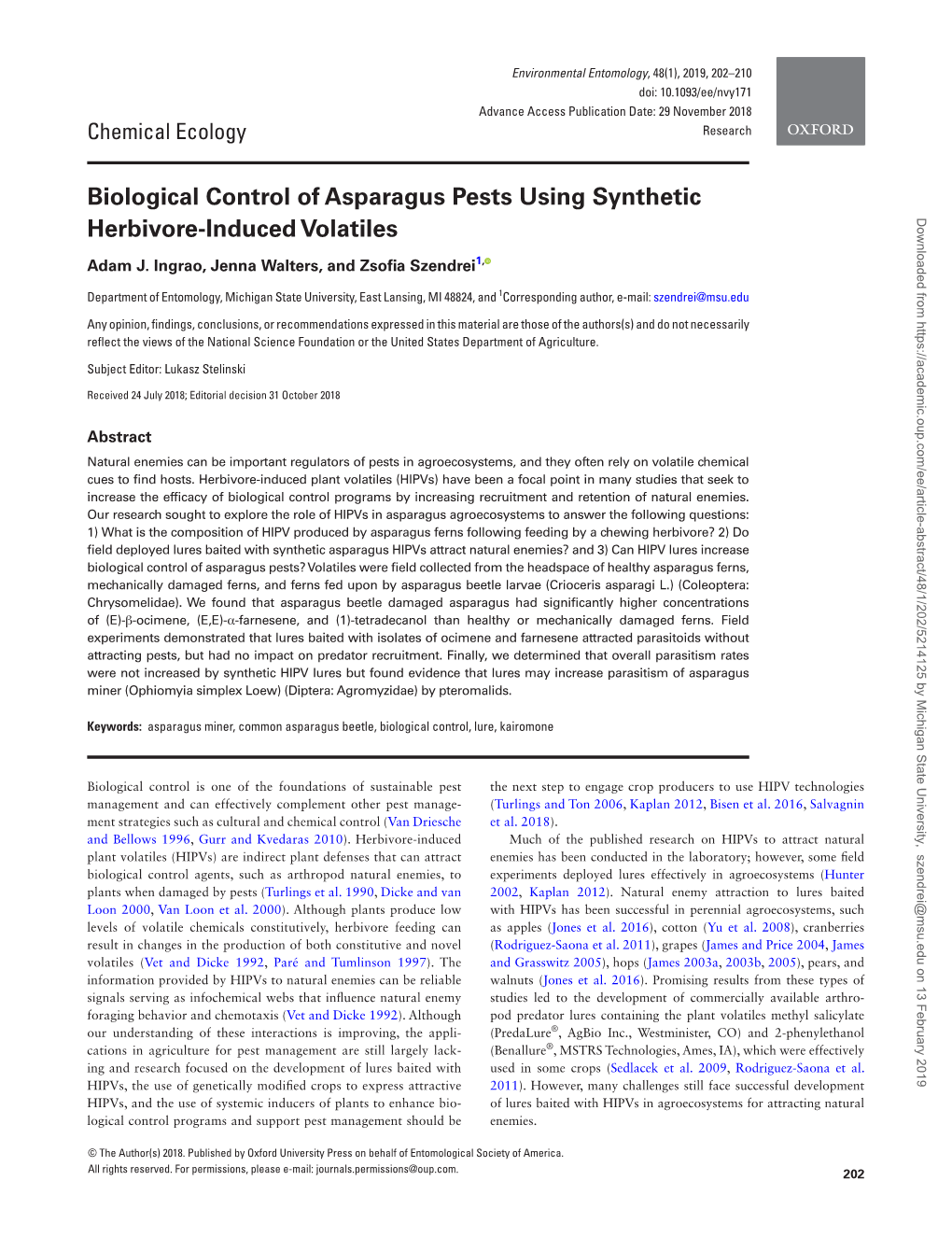 Biological Control of Asparagus Pests Using Synthetic Herbivore-Induced