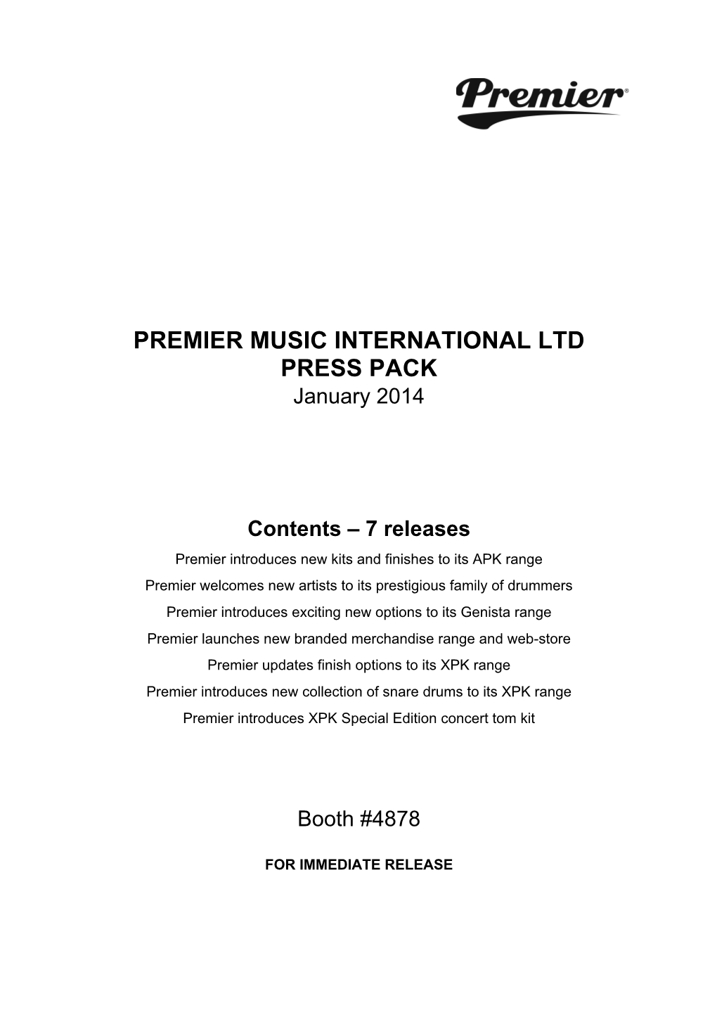 PREMIER MUSIC INTERNATIONAL LTD PRESS PACK January 2014