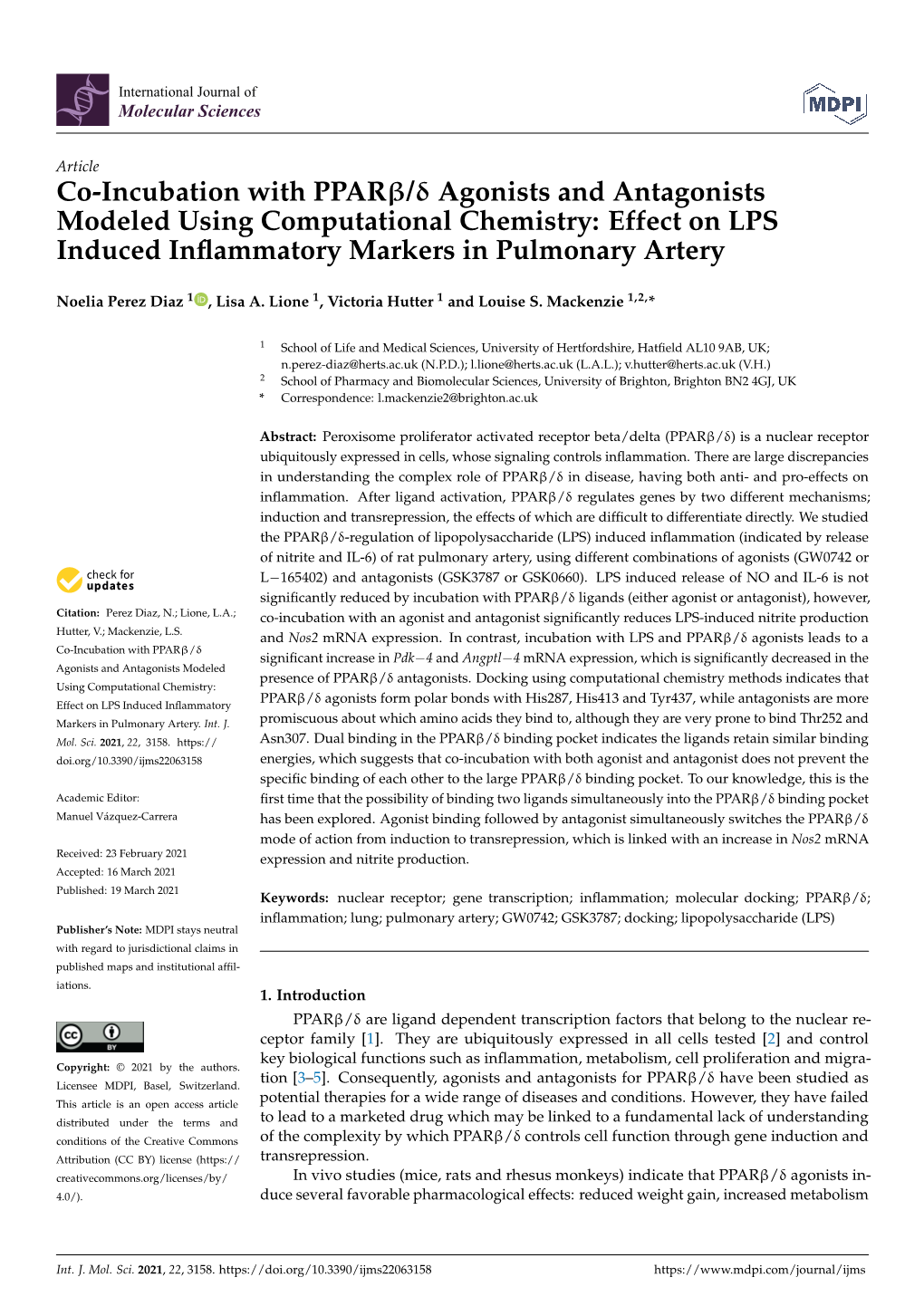 Co-Incubation with Pparβ/Δ Agonists and Antagonists Modeled Using Computational Chemistry: Effect on LPS Induced Inﬂammatory Markers in Pulmonary Artery