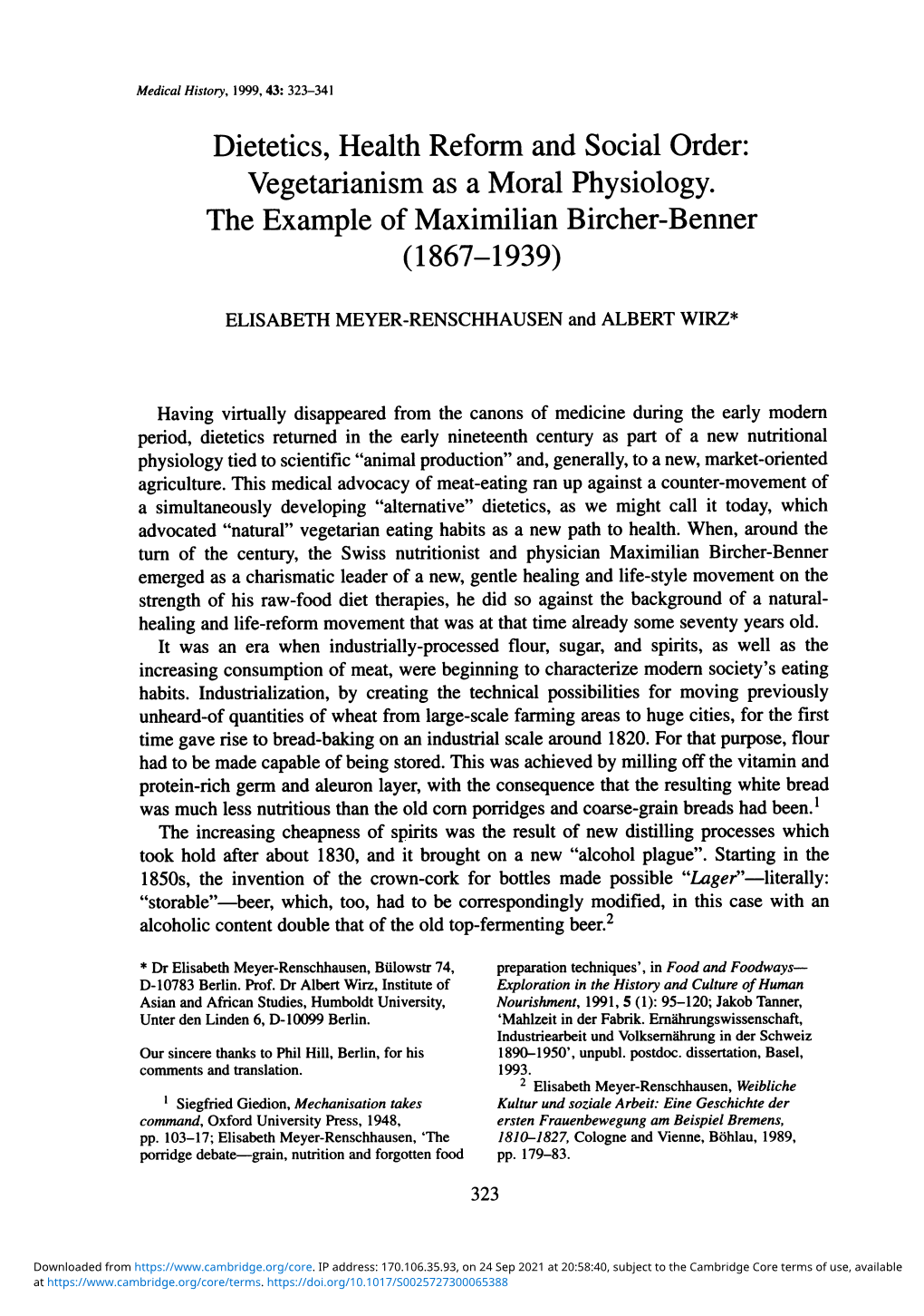 Dietetics, Health Reform and Social Order: Vegetarianism As a Moral Physiology