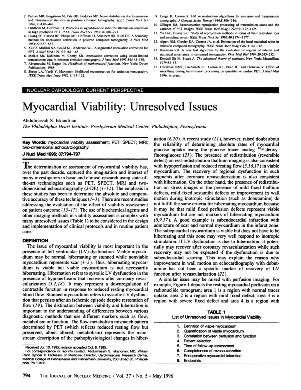 Myocardial Viability: Unresolved Issues