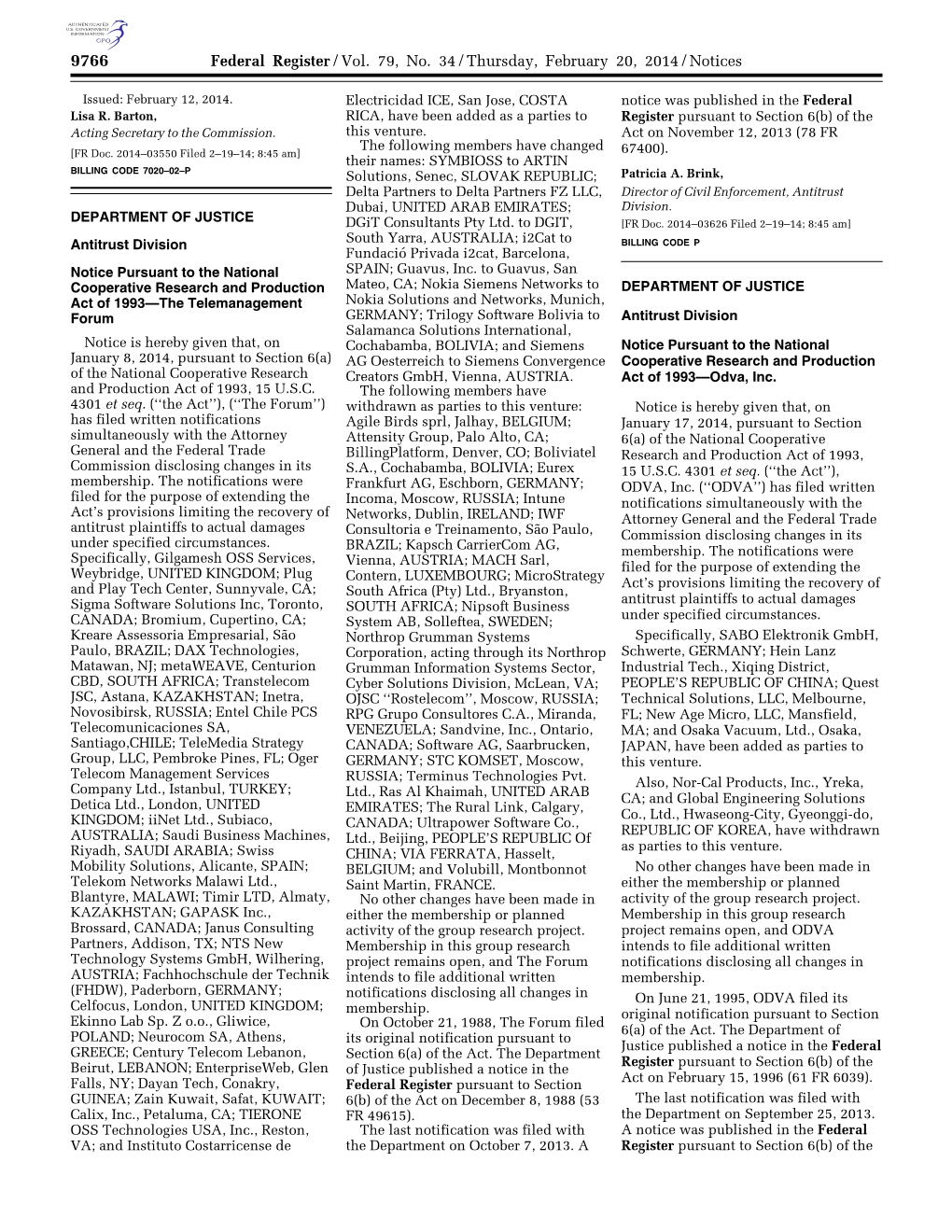 Federal Register/Vol. 79, No. 34/Thursday, February 20, 2014