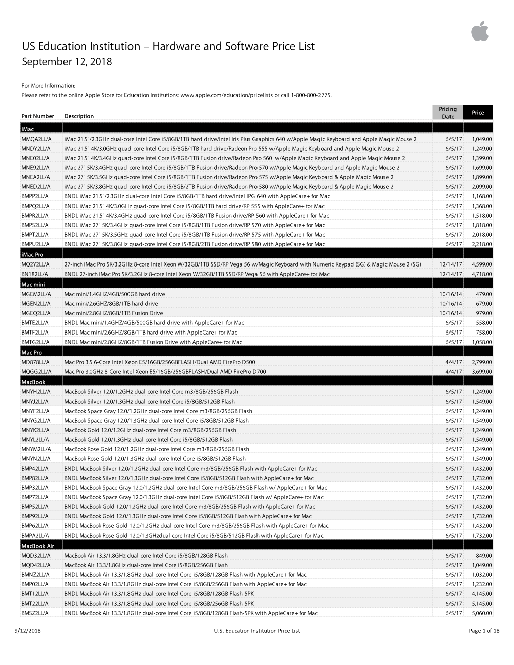 Apple US Education Institution Price List