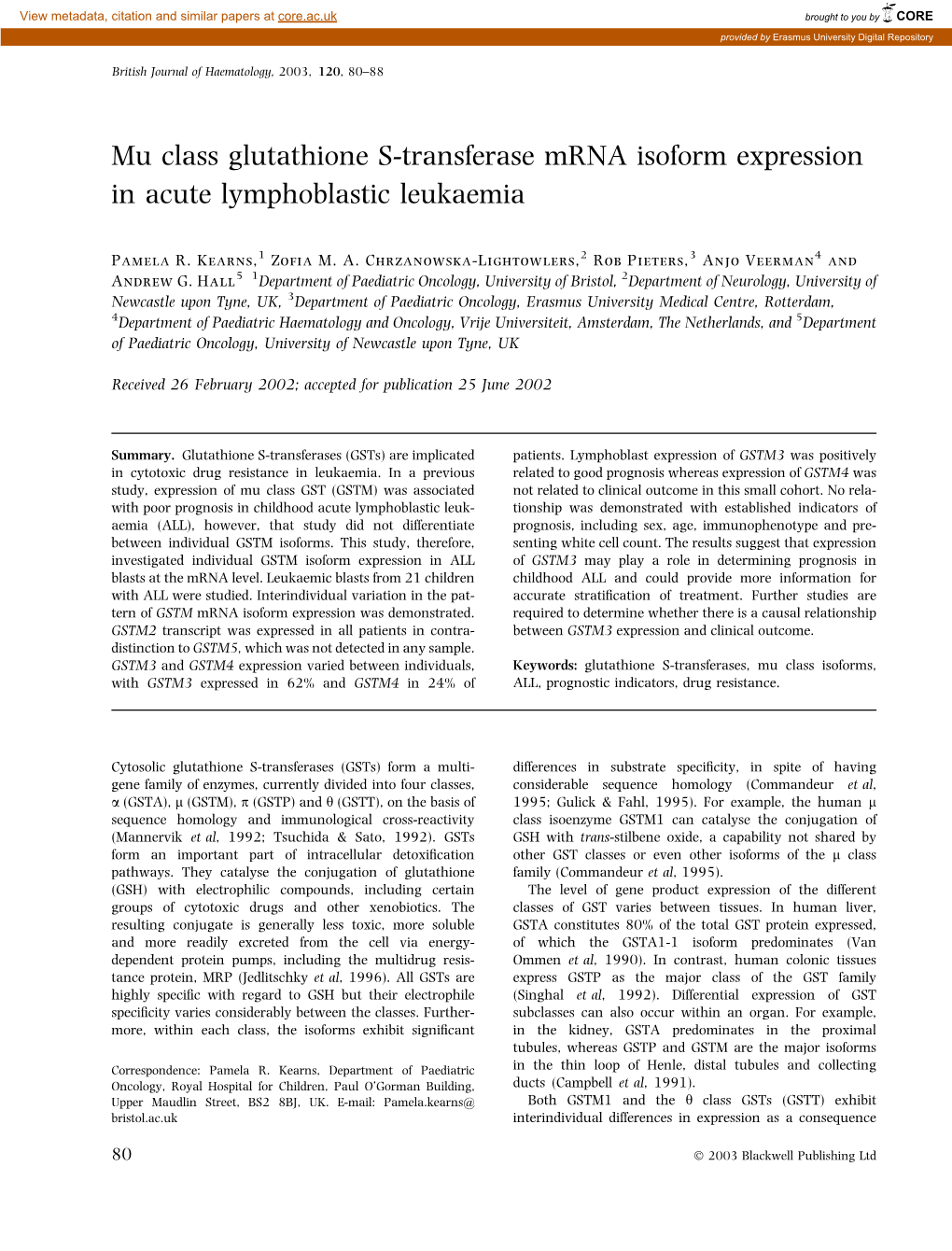 Mu Class Glutathione S-Transferase Mrna Isoform Expression in Acute Lymphoblastic Leukaemia