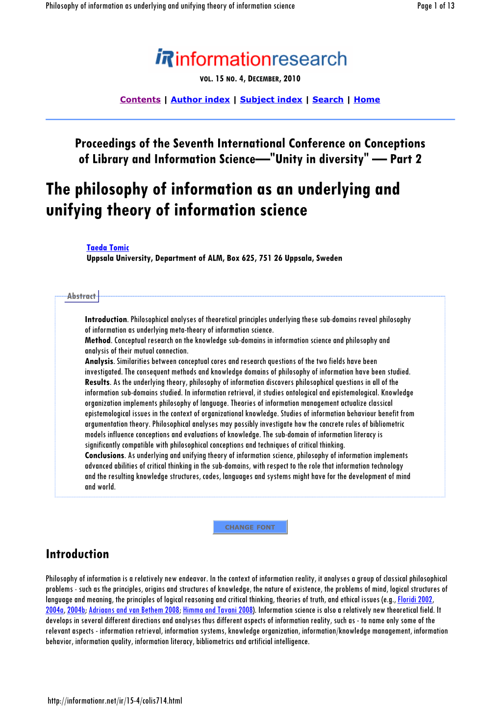 The Philosophy of Information As an Underlying and Unifying Theory of Information Science