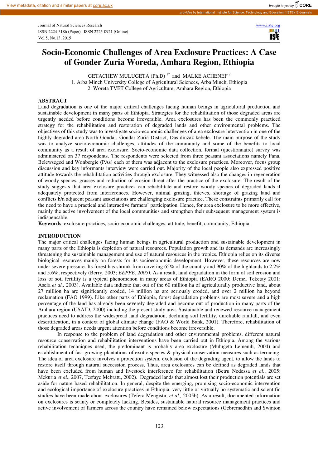 Socio-Economic Challenges of Area Exclosure Practices: a Case of Gonder Zuria Woreda, Amhara Region, Ethiopia