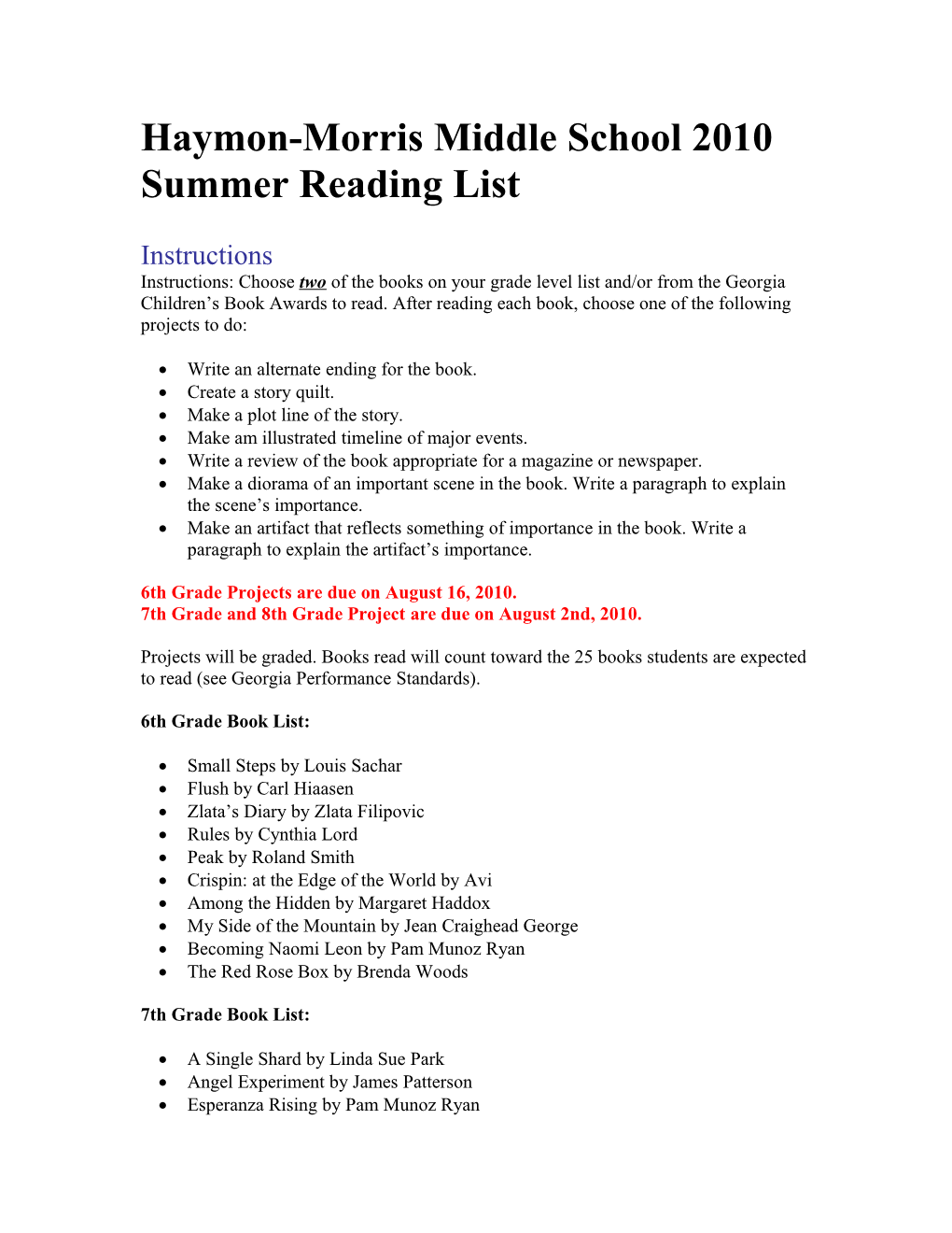 Haymon-Morris Middle School 2010 Summer Reading List