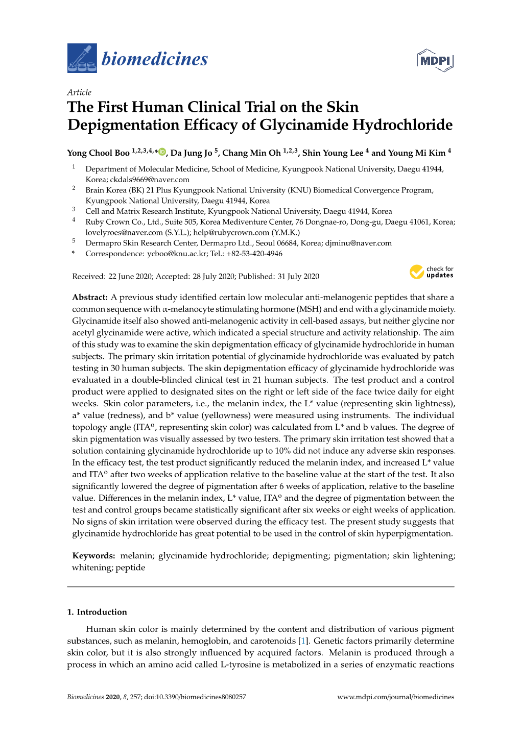 The First Human Clinical Trial on the Skin Depigmentation Efficacy of Glycinamide Hydrochloride