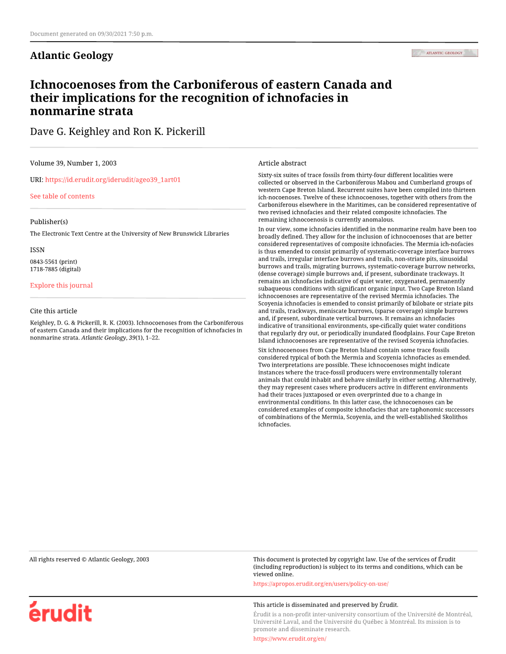 Ichnocoenoses from the Carboniferous of Eastern Canada and Their Implications for the Recognition of Ichnofacies in Nonmarine Strata Dave G