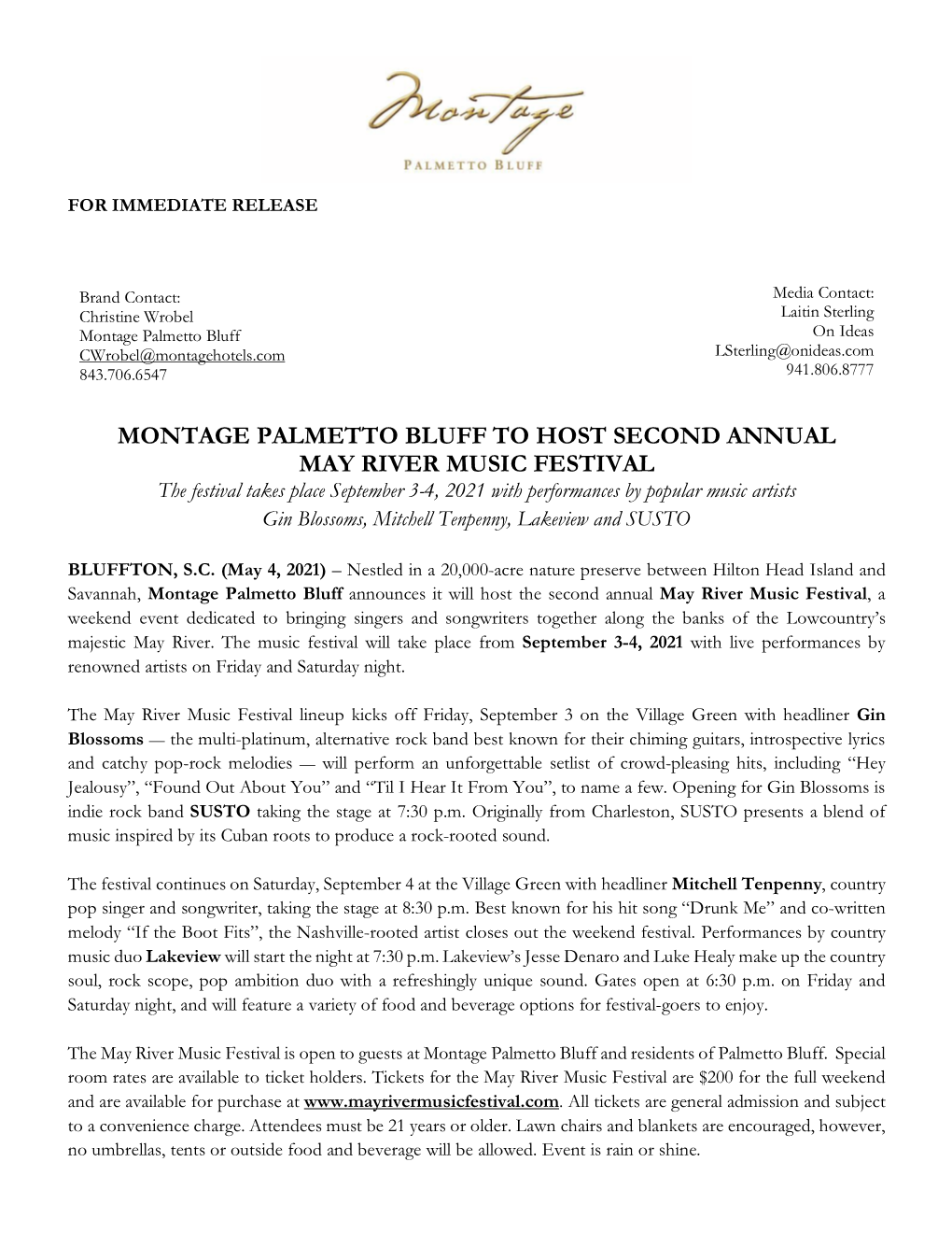 Montage Palmetto Bluff to Host Second Annual May River Music