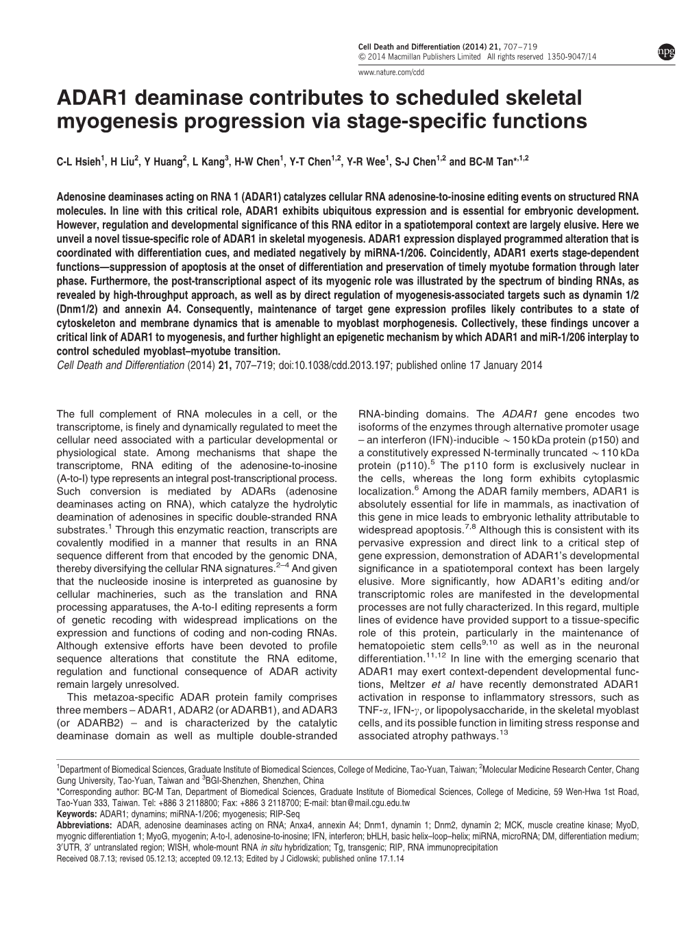 ADAR1 Deaminase Contributes to Scheduled Skeletal Myogenesis Progression Via Stage-Speciﬁc Functions