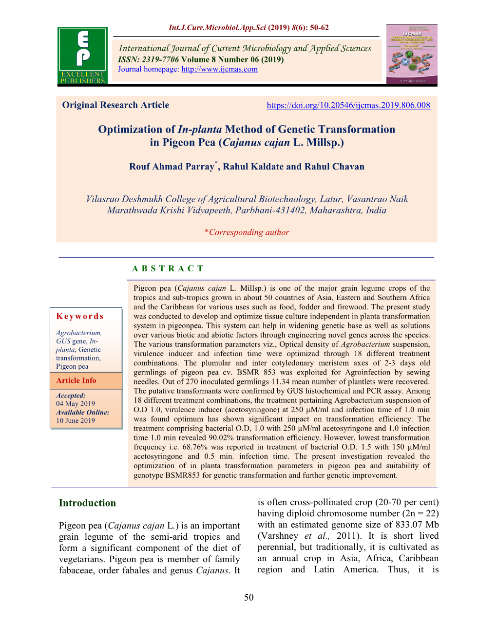 Optimization of In-Planta Method of Genetic Transformation in Pigeon Pea (Cajanus Cajan L