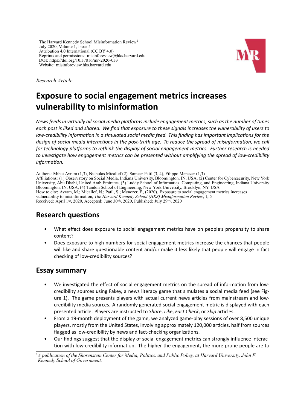 Exposure to Social Engagement Metrics Increases Vulnerability to Misinformation