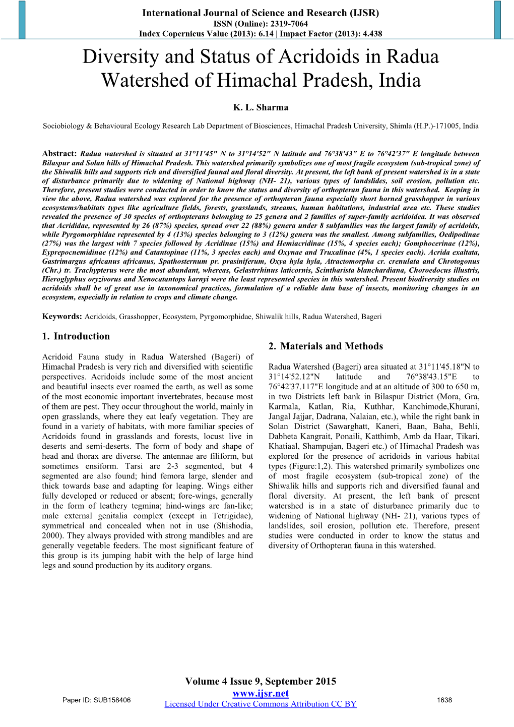 Diversity and Status of Acridoids in Radua Watershed of Himachal Pradesh, India