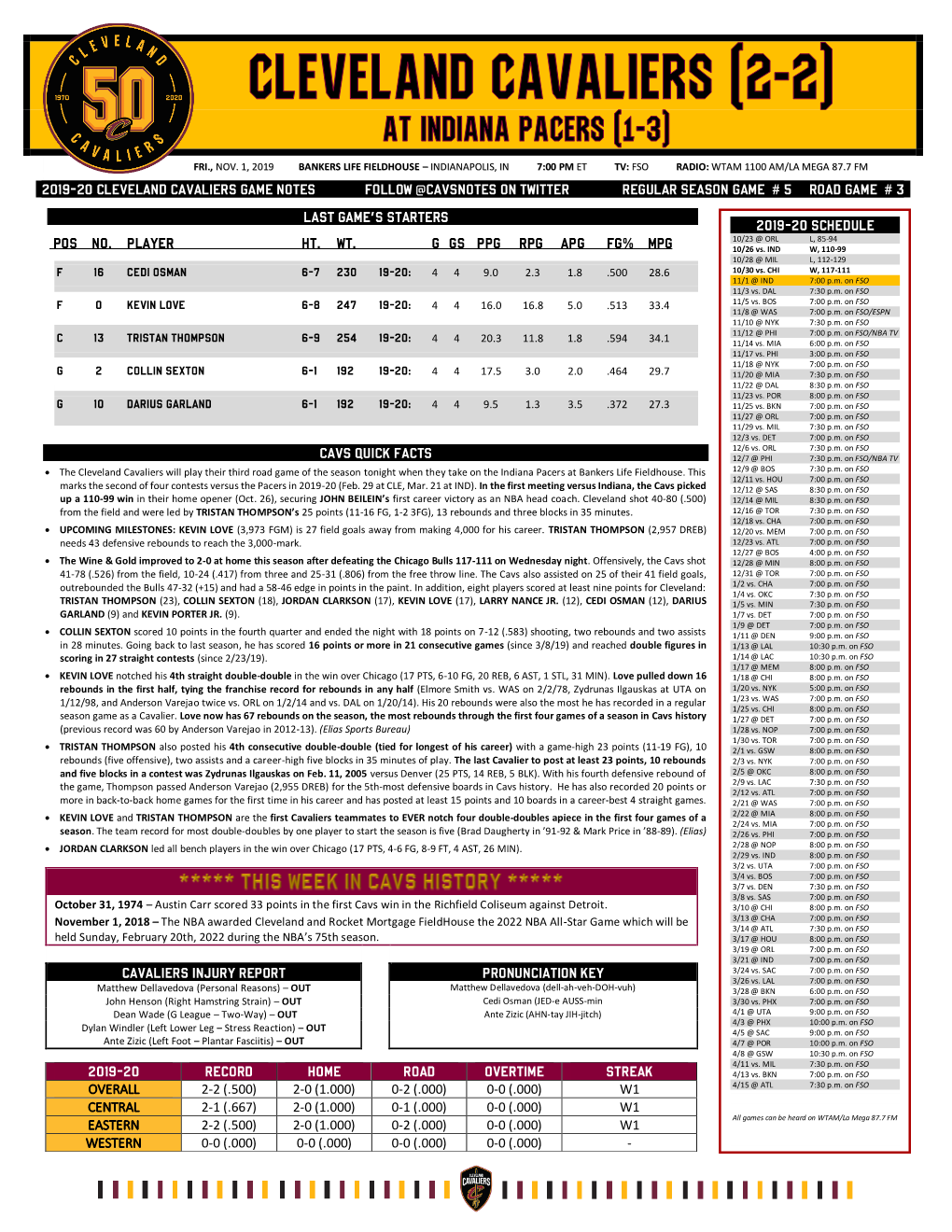 2019-20 Cleveland Cavaliers Game Notes Follow @Cavsnotes on Twitter Regular Season Game # 5 Road Game # 3