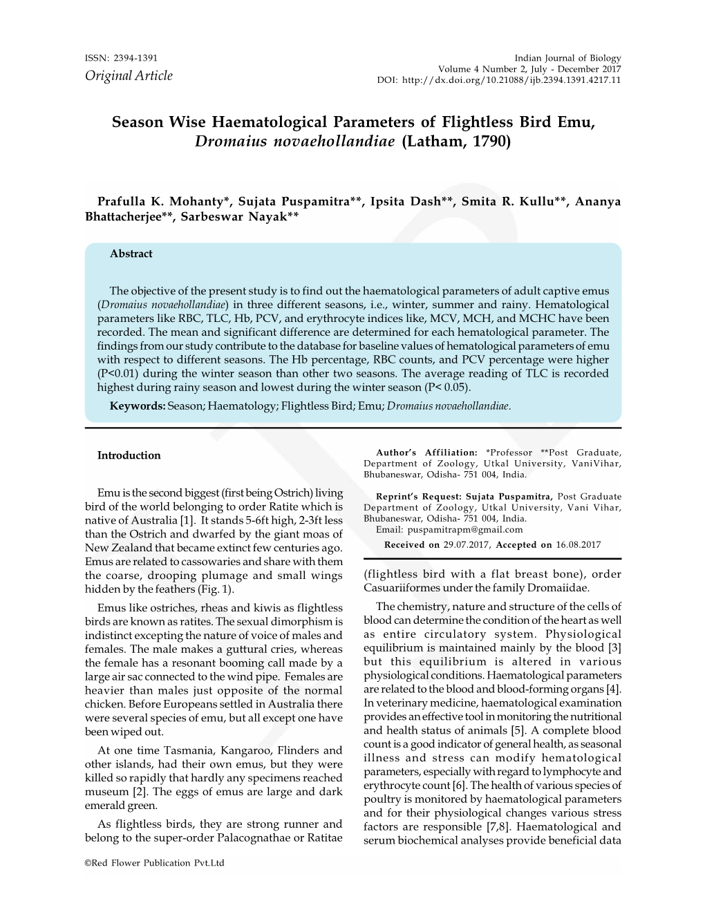 Season Wise Haematological Parameters of Flightless Bird Emu, Dromaius Novaehollandiae (Latham, 1790)