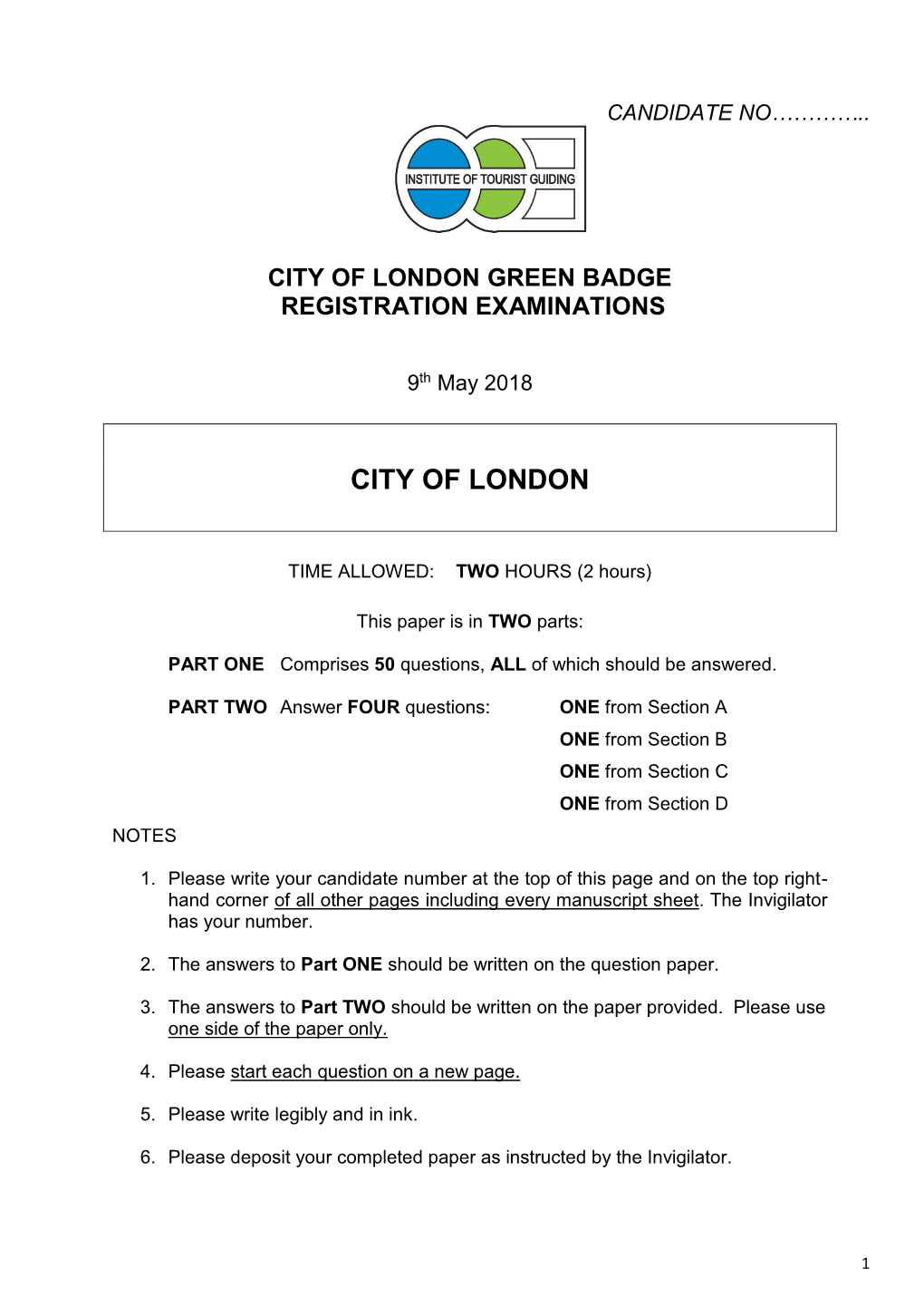 City of London GB Written Paper 2018