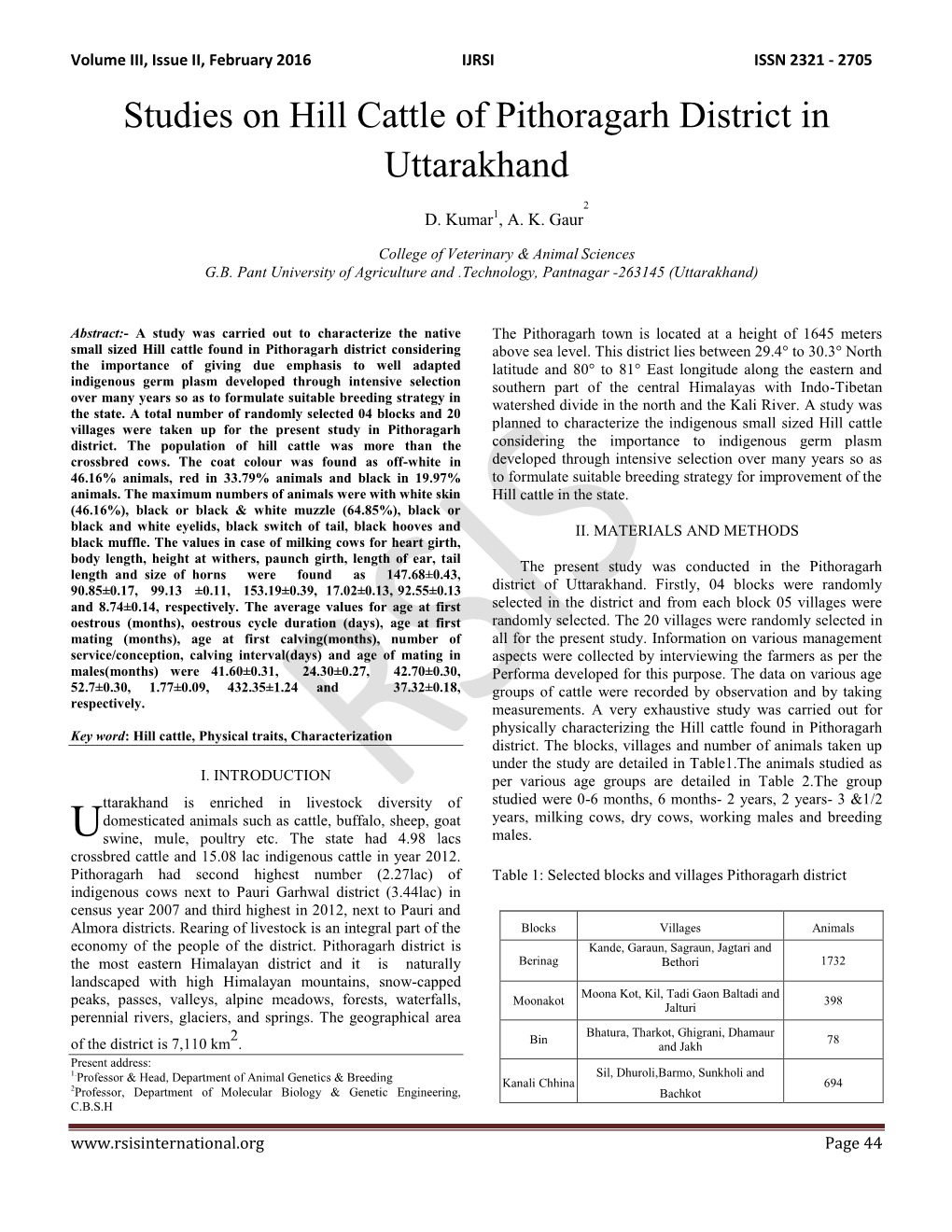 Studies on Hill Cattle of Pithoragarh District in Uttarakhand