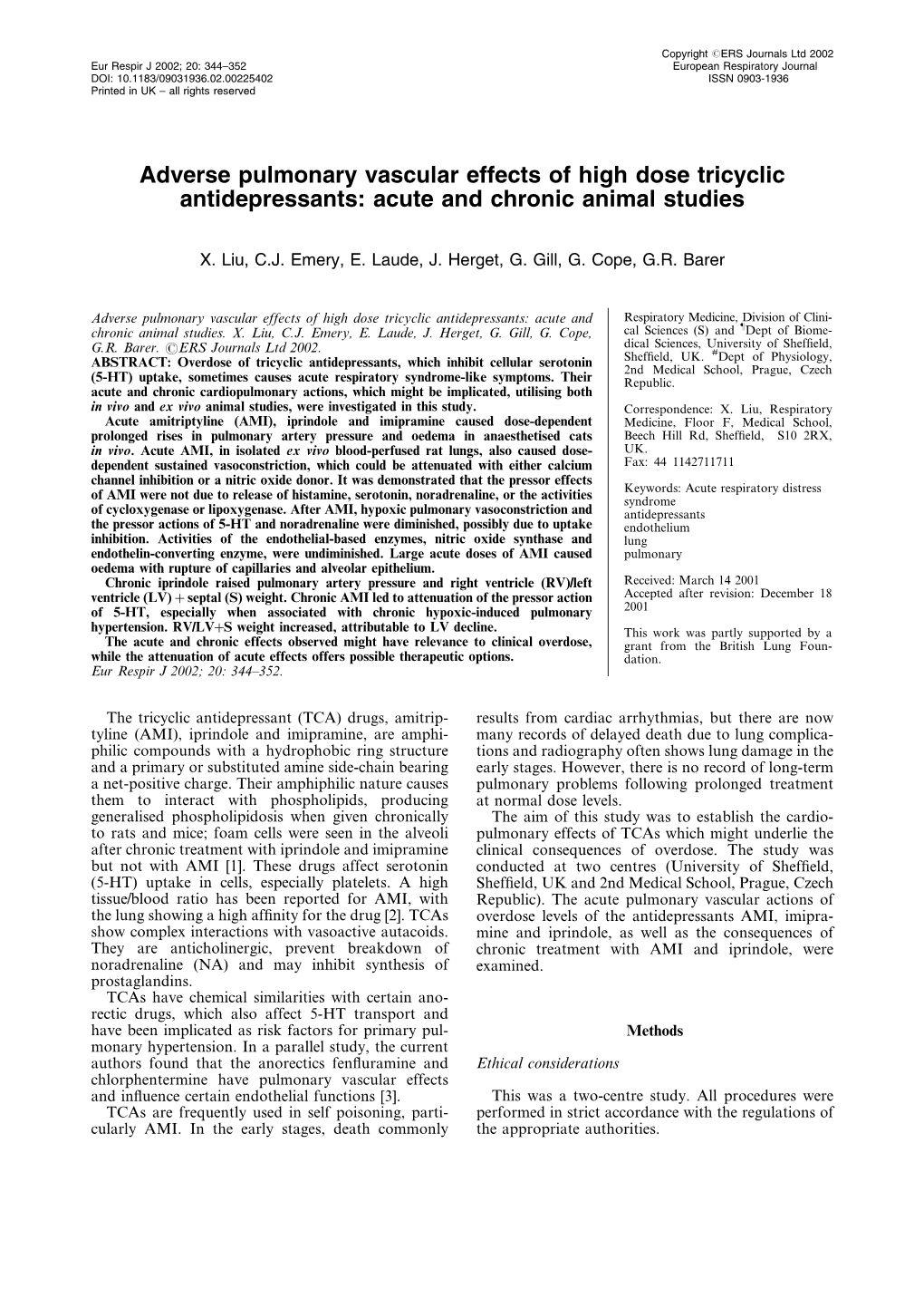 Adverse Pulmonary Vascular Effects of High Dose Tricyclic Antidepressants: Acute and Chronic Animal Studies