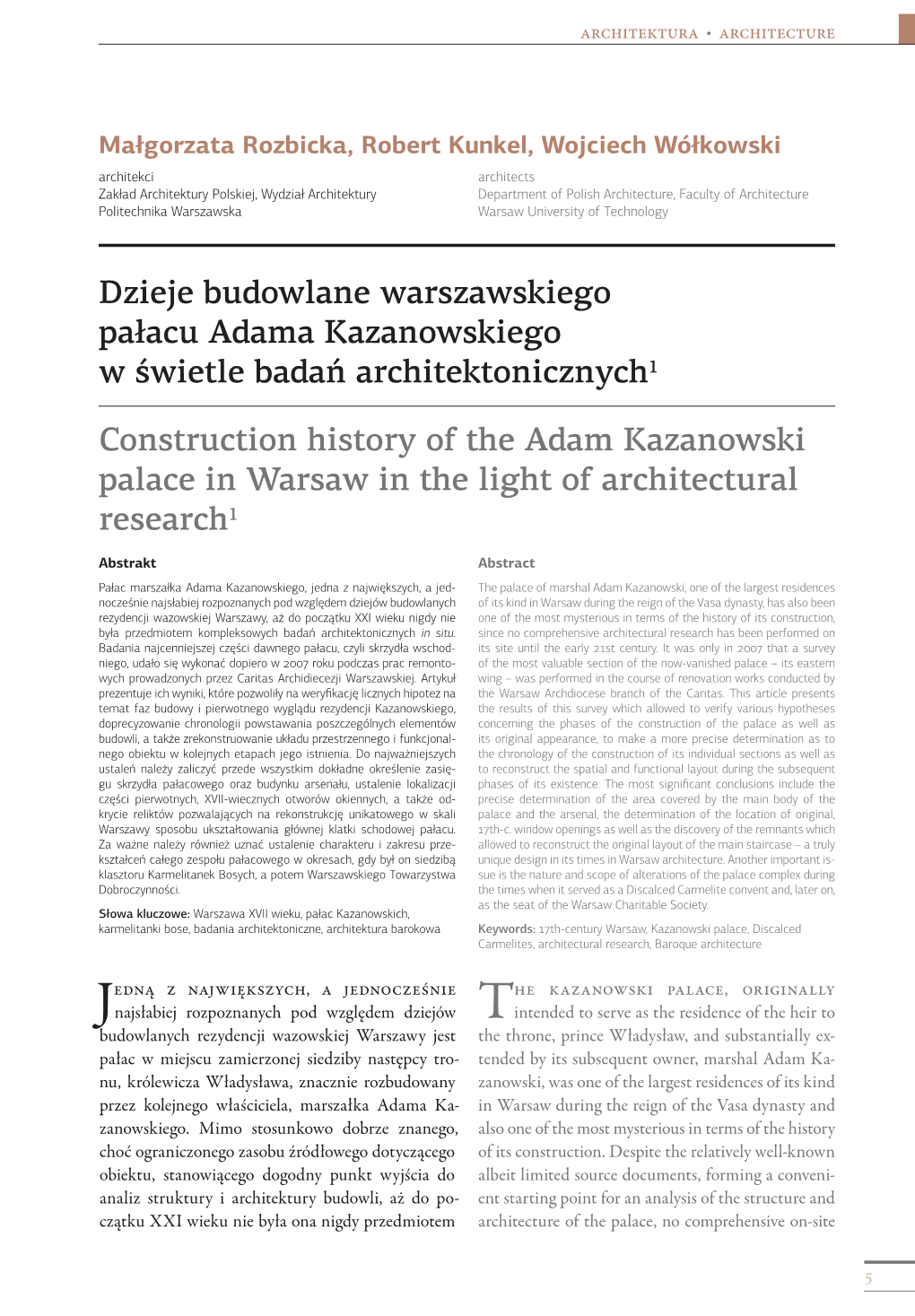 Dzieje Budowlane Warszawskiego Pałacu Adama Kazanowskiego W Świetle Badań Architektonicznych1 Construction History of The