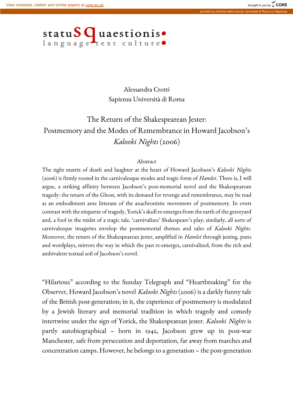 The Return of the Shakespearean Jester: Postmemory and the Modes of Remembrance in Howard Jacobson’S Kalooki Nights (2006)