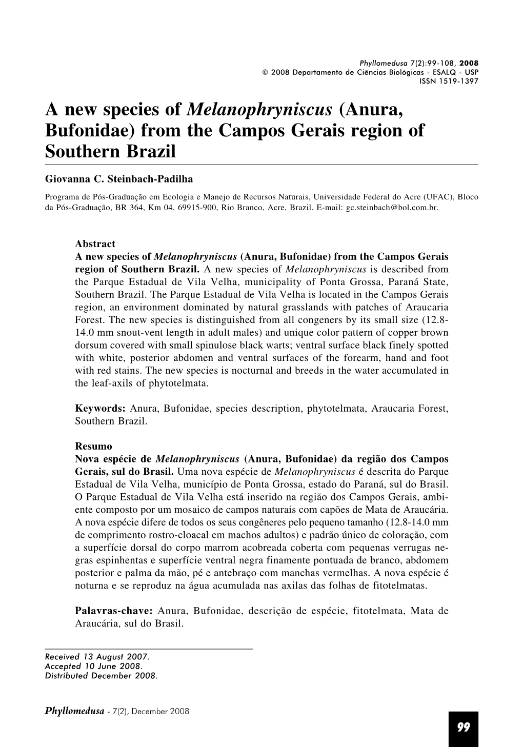 A New Species of Melanophryniscus (Anura, Bufonidae) from the Campos Gerais Region of Southern Brazil