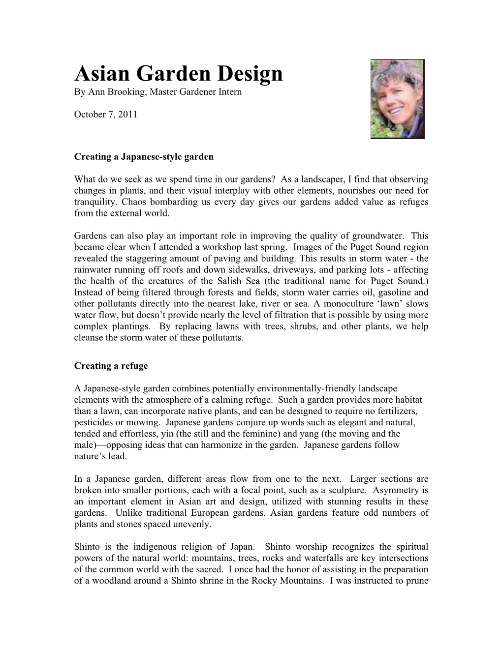 Asian Garden Design by Ann Brooking, Master Gardener Intern