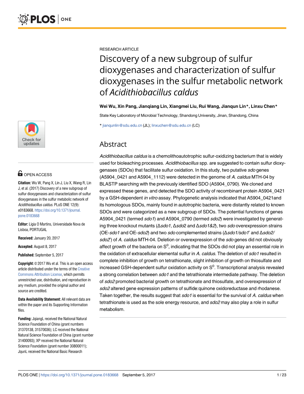 Discovery of a New Subgroup of Sulfur Dioxygenases and Characterization of Sulfur Dioxygenases in the Sulfur Metabolic Network of Acidithiobacillus Caldus