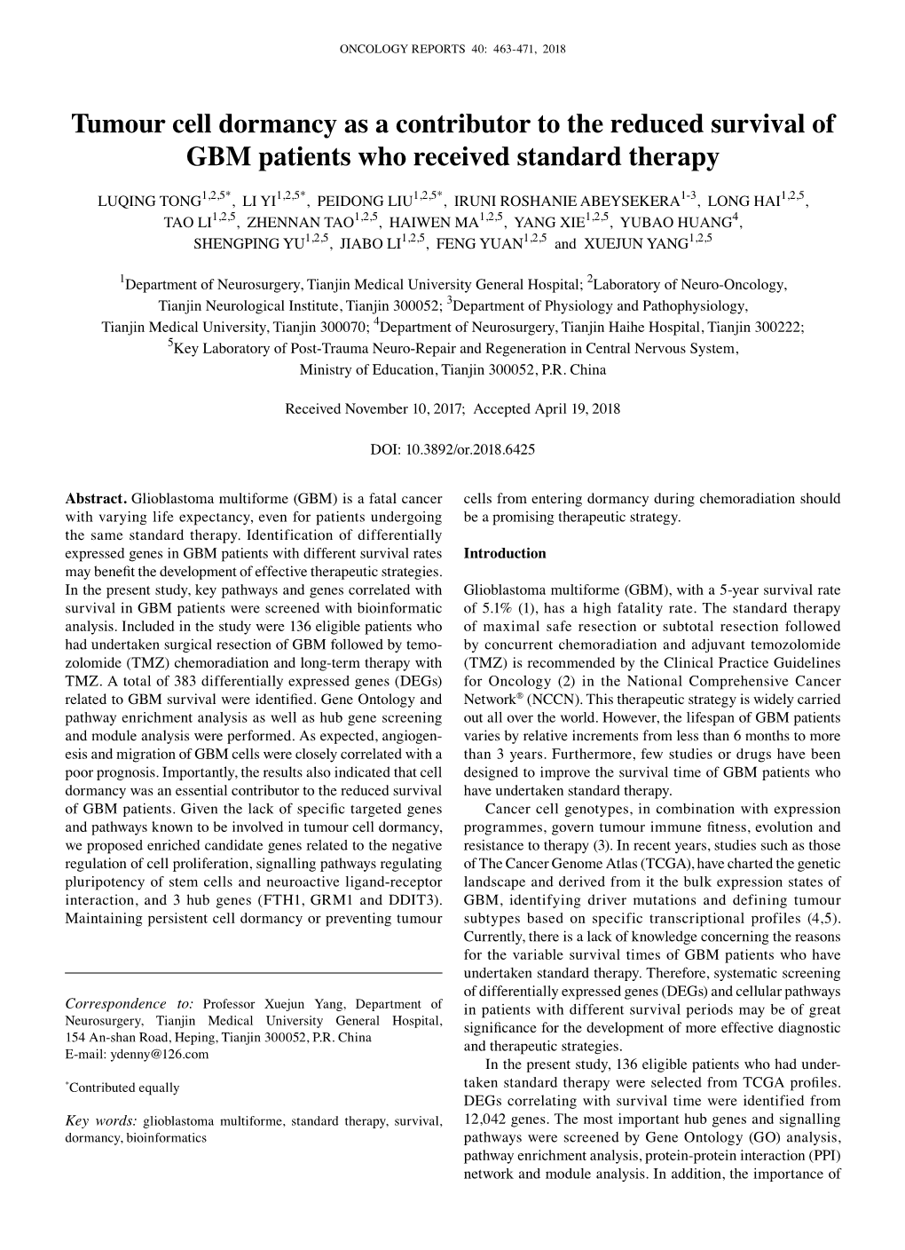 Tumour Cell Dormancy As a Contributor to the Reduced Survival of GBM Patients Who Received Standard Therapy