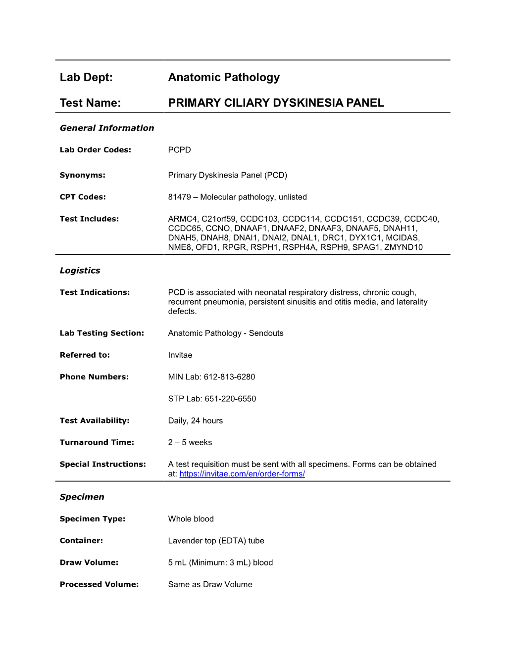 Primary Ciliary Dyskinesia Panel