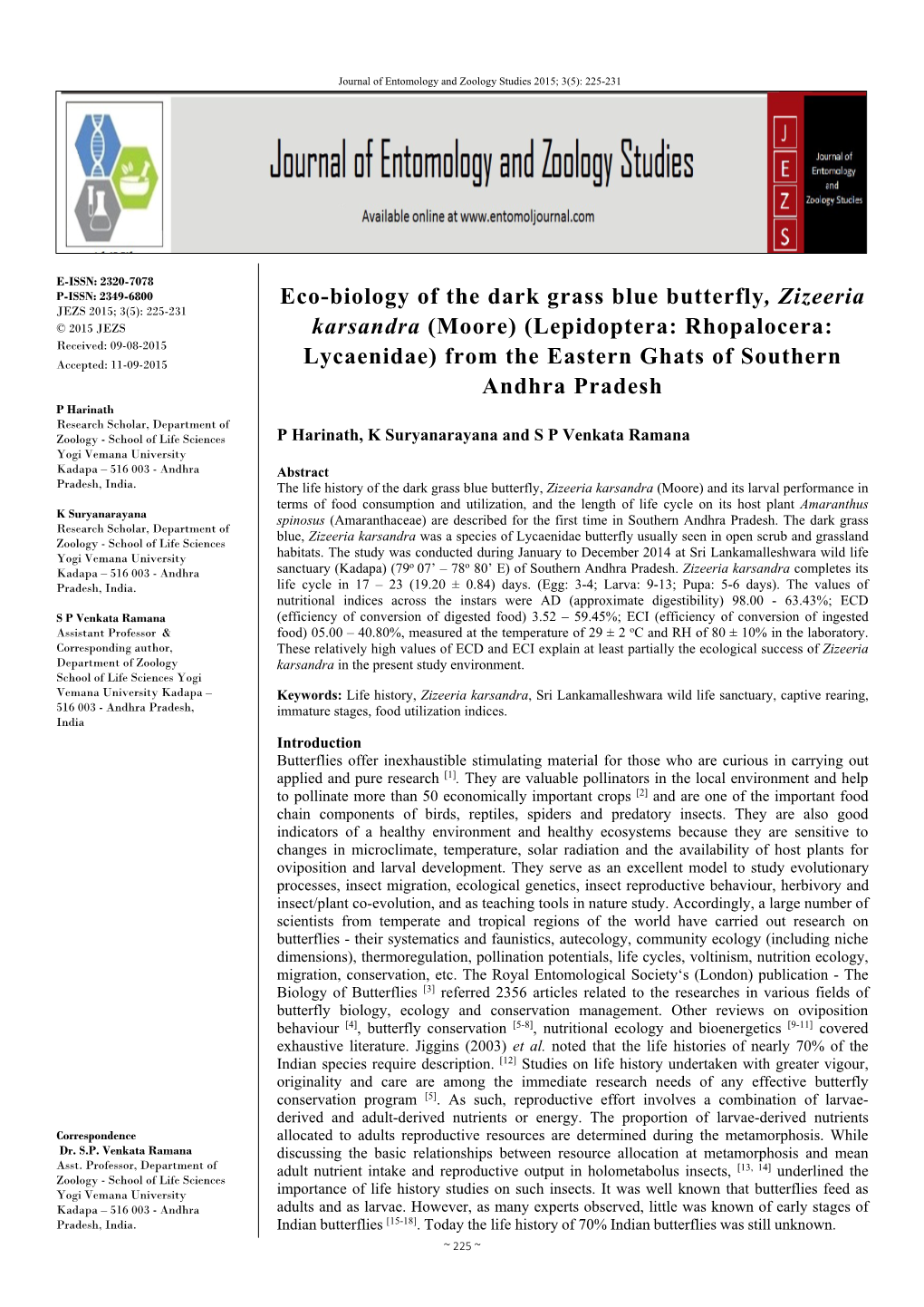 Eco-Biology of the Dark Grass Blue Butterfly, Zizeeria Karsandra (Moore