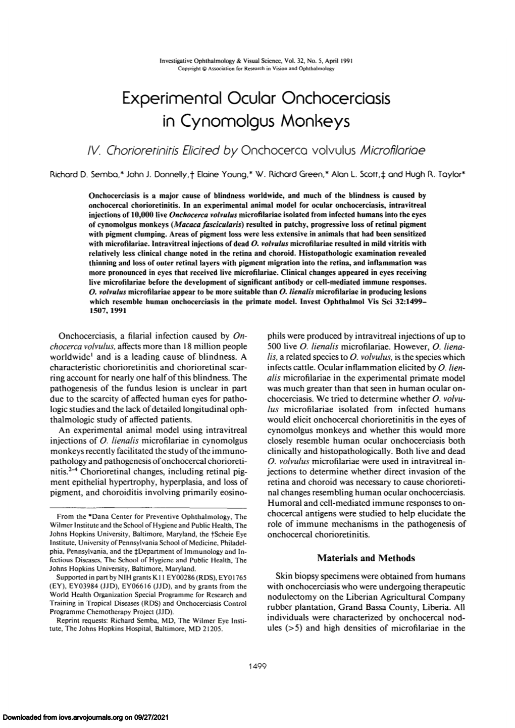 Experimental Ocular Onchocerciasis in Cynomolgus Monkeys