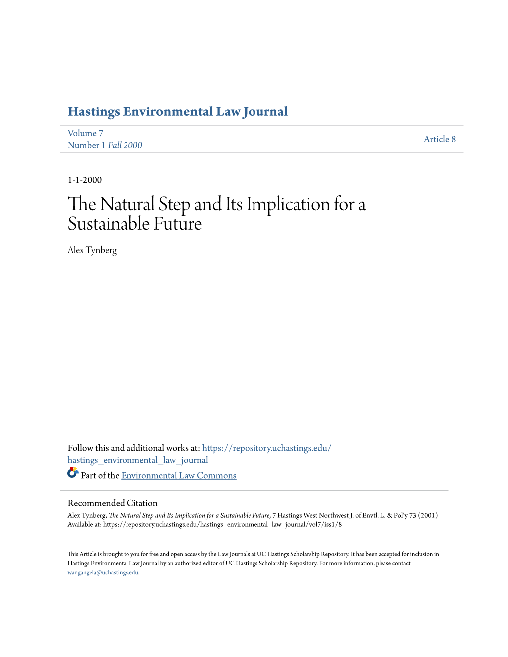 The Natural Step and Its Implication for a Sustainable Future, 7 Hastings West Northwest J