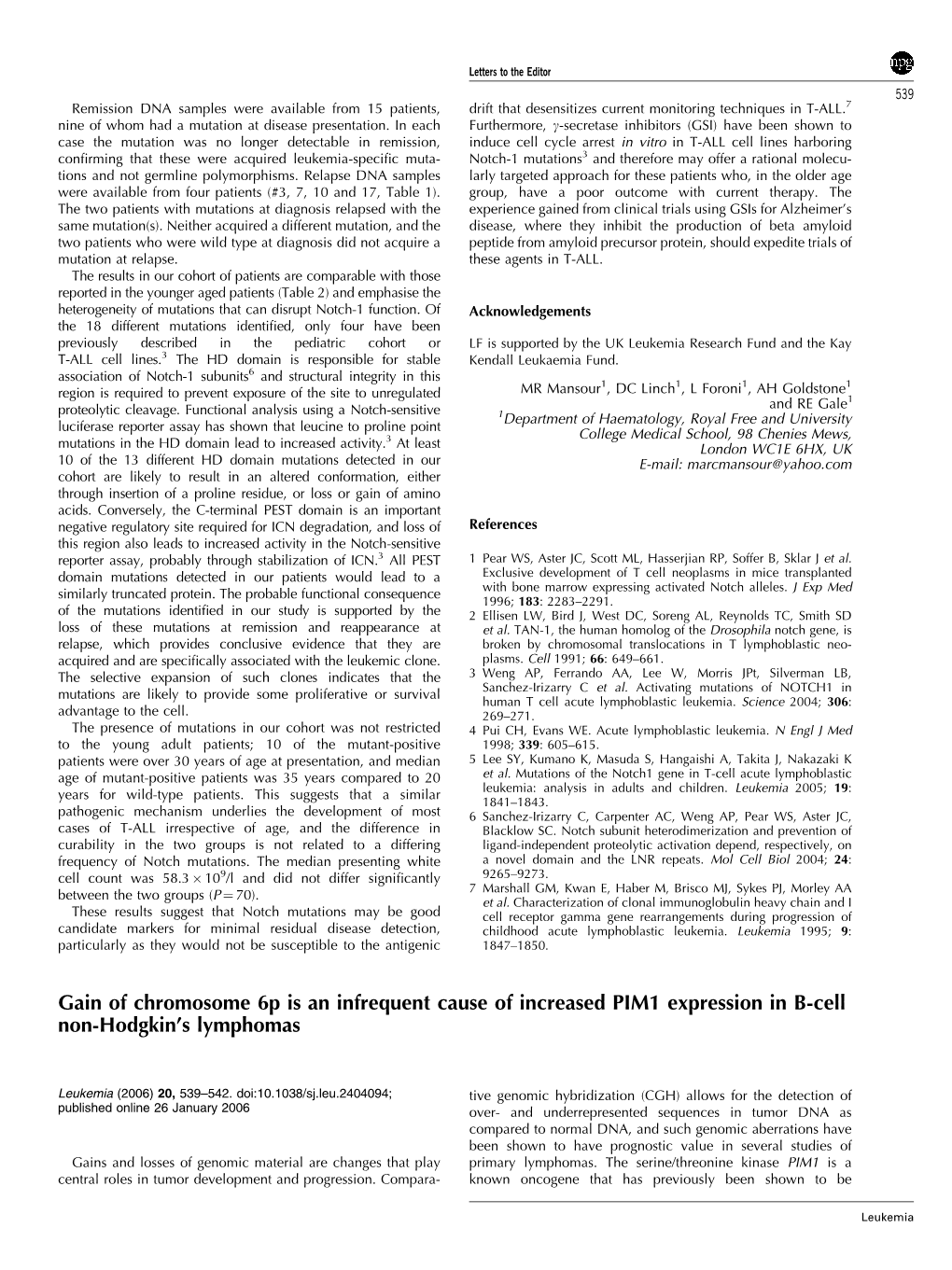 Gain of Chromosome 6P Is an Infrequent Cause of Increased PIM1 Expression in B-Cell Non-Hodgkin’S Lymphomas