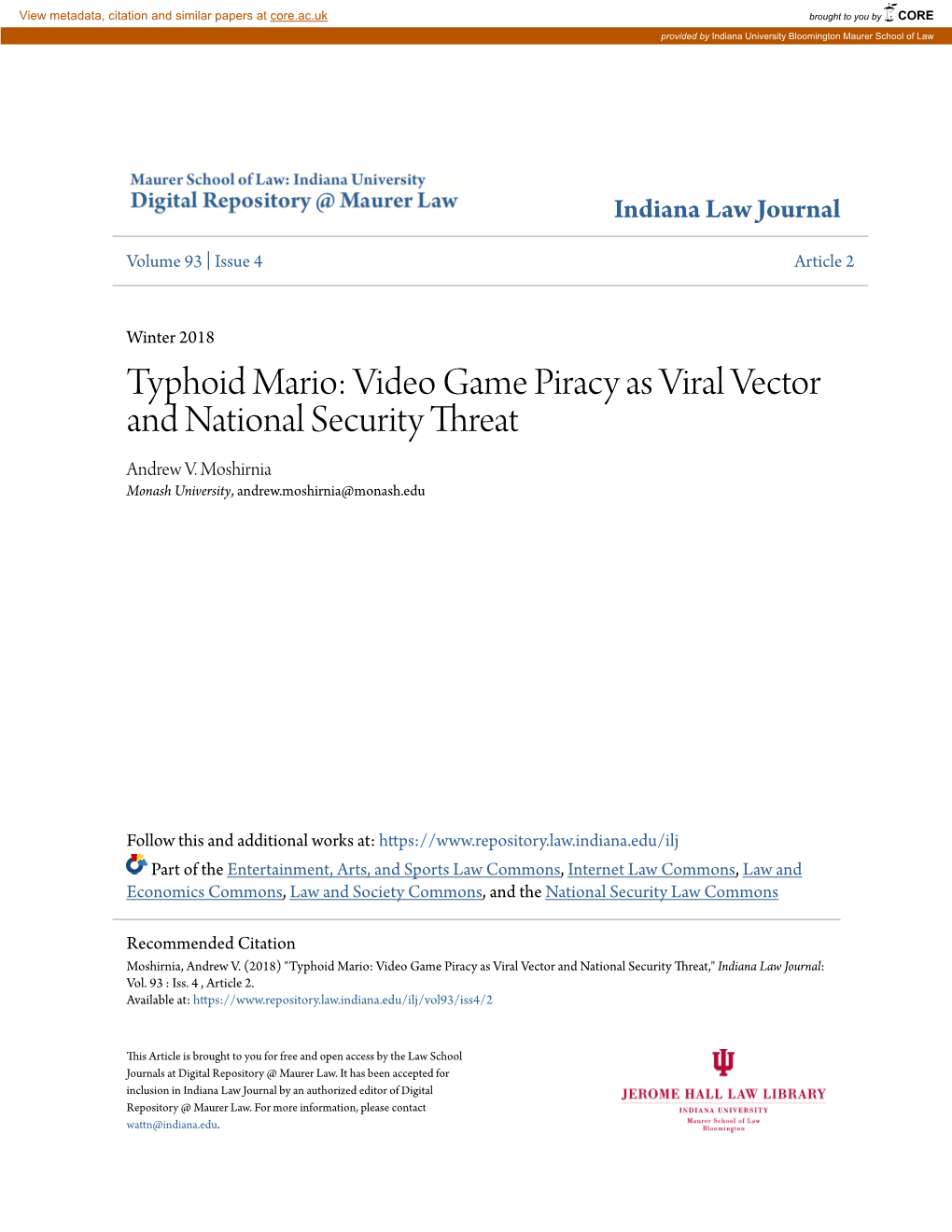 Video Game Piracy As Viral Vector and National Security Threat Andrew V