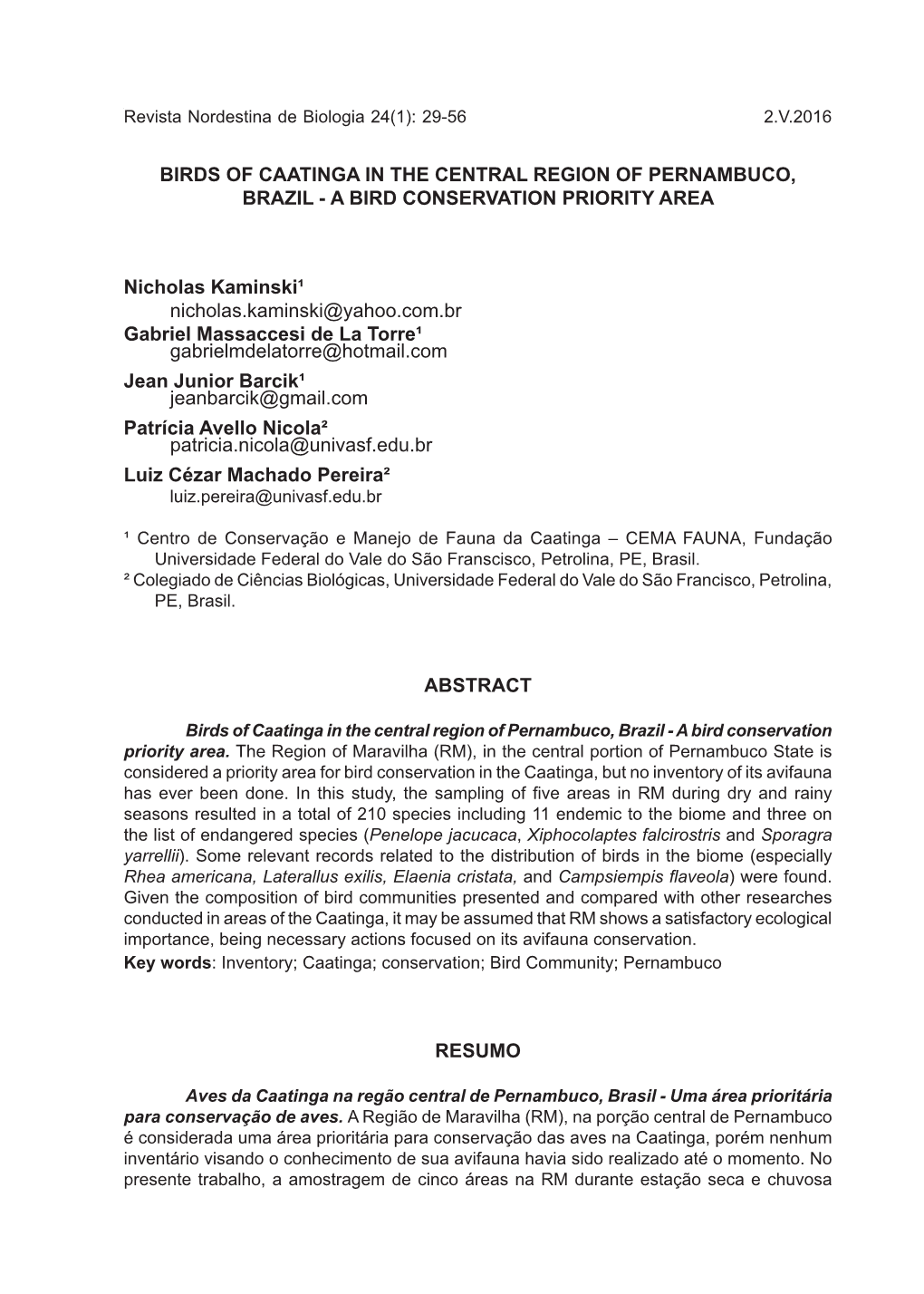 Birds of Caatinga in the Central Region of Pernambuco, Brazil - a Bird Conservation Priority Area