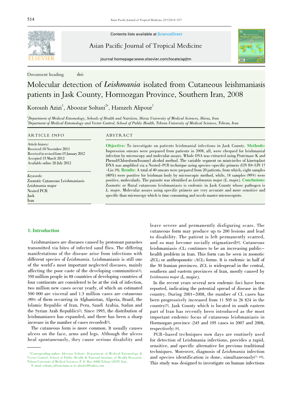 Molecular Detection of Leishmania Isolated from Cutaneous