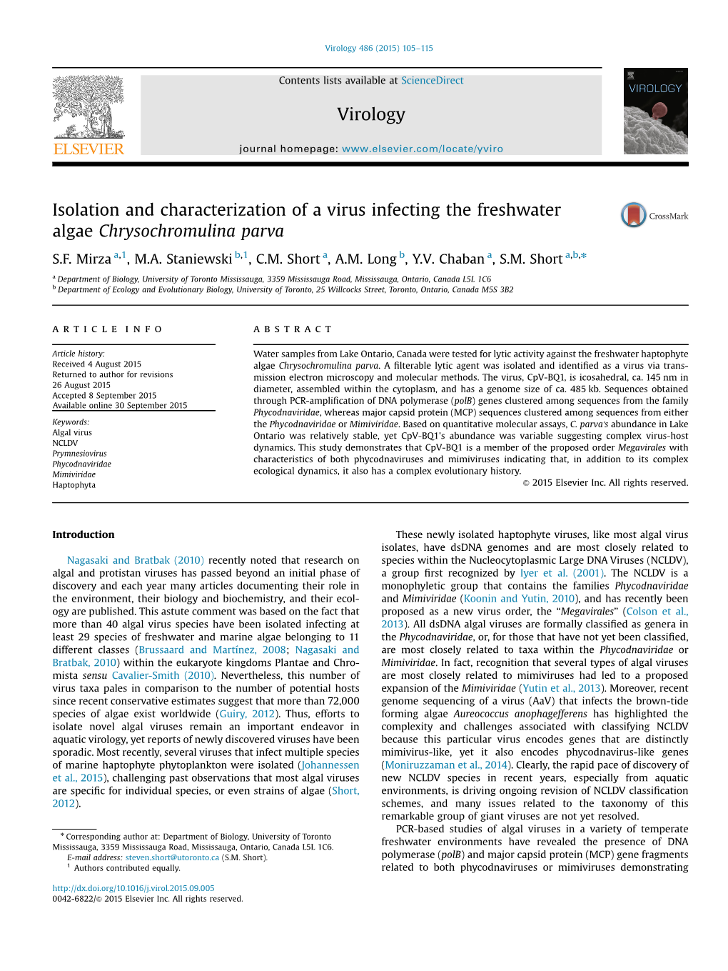 Isolation and Characterization of a Virus Infecting the Freshwater Algae Chrysochromulina Parva