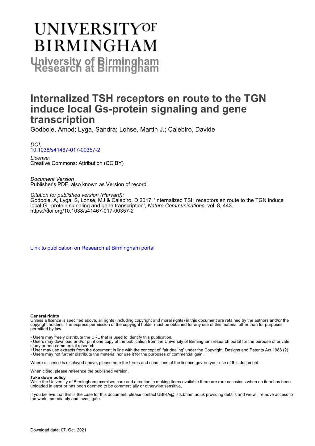 Internalized TSH Receptors En Route to the TGN Induce Local Gs